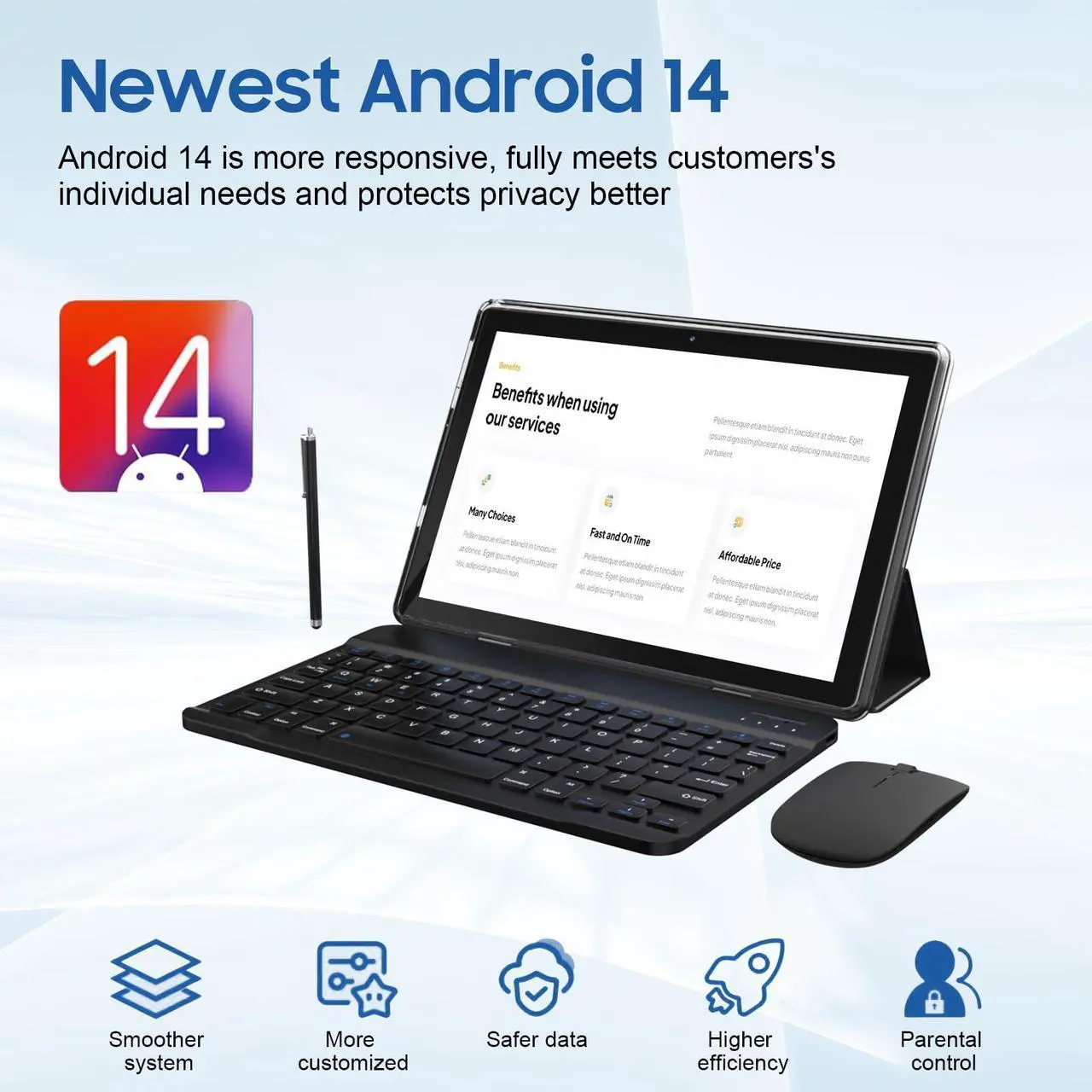 Alt view image 3 of 5 - 2 in 1 10GB+64GB Tablet 10.1 inch Android 14 Tablet Set Tablets with Keyboard Case wireless Mouse Stylus Screen Flim 10.1 IN 1280*800 HD Touch Screen 8MP Dual Camera Games Tab Wi-Fi BT Tableta PC