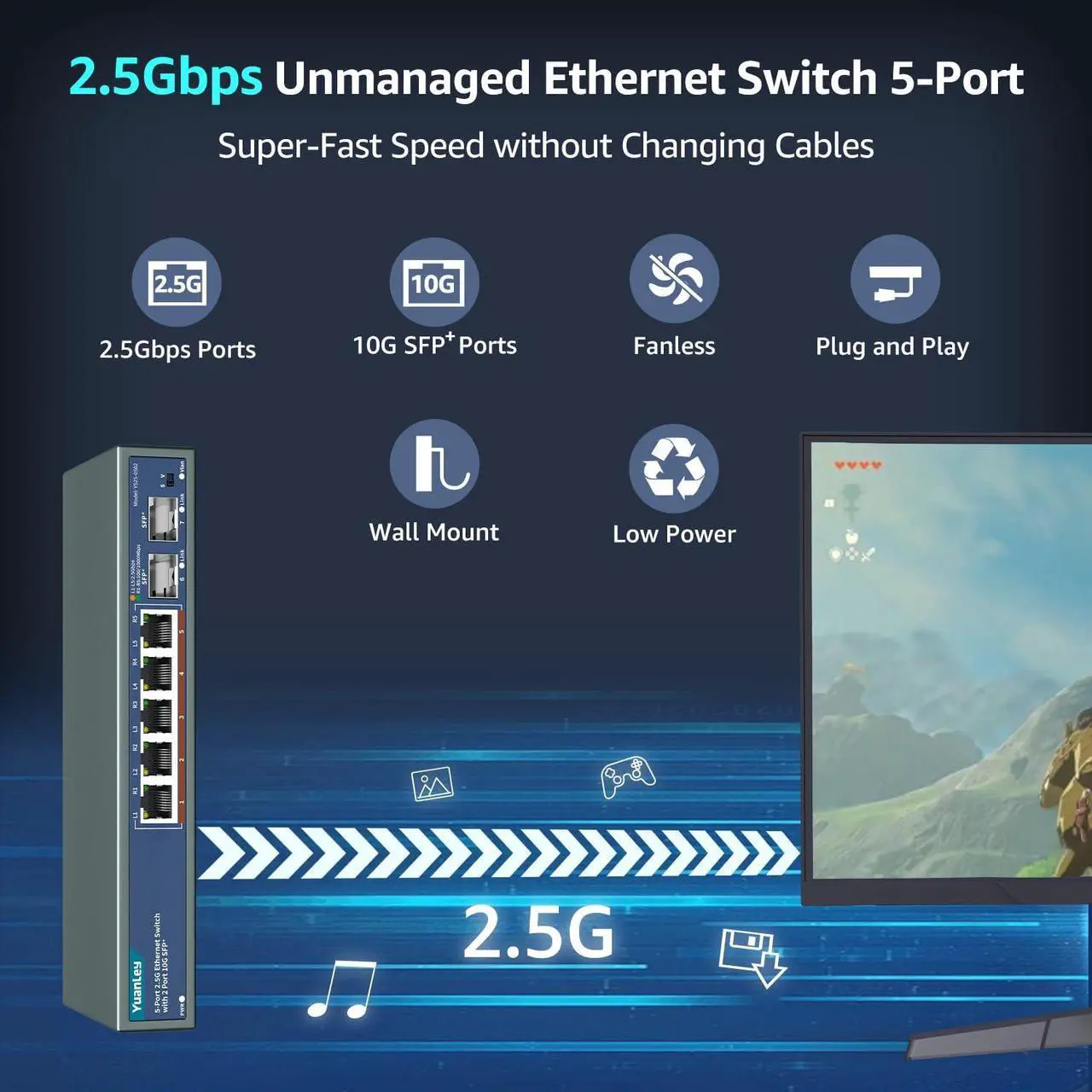 Alt view image 2 of 5 - 7 Port 2.5G Unmanaged Ethernet Switch, 5 x 2.5G Base-T Ports, 2 x 10G SFP, Compatible with 100/1000/2500Mbps, VLAN, Fanless, Desktop/Wall Mount YuanLey 2.5Gbe Network Switch for Wireless AP, NAS, PC