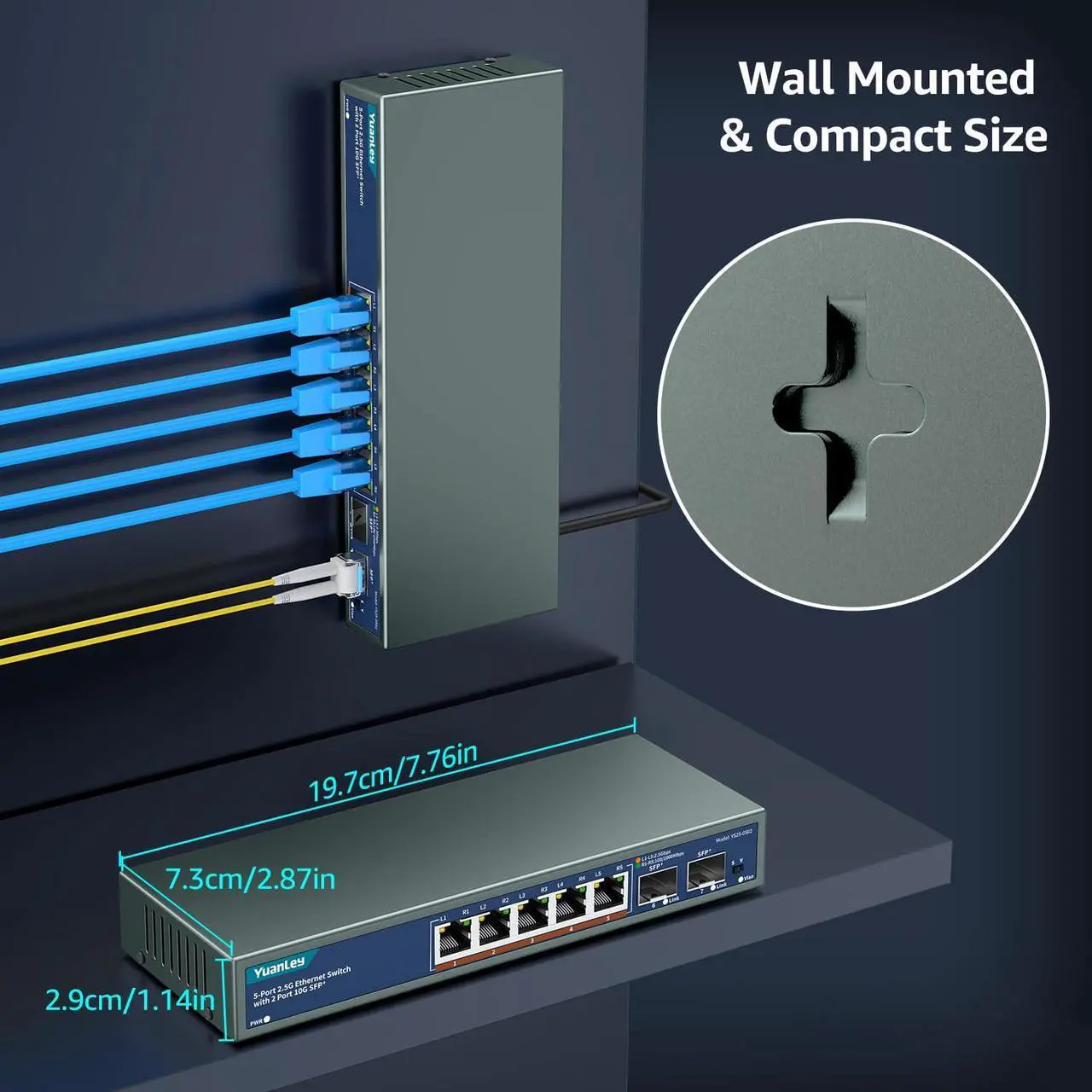 Alt view image 5 of 5 - 7 Port 2.5G Unmanaged Ethernet Switch, 5 x 2.5G Base-T Ports, 2 x 10G SFP, Compatible with 100/1000/2500Mbps, VLAN, Fanless, Desktop/Wall Mount YuanLey 2.5Gbe Network Switch for Wireless AP, NAS, PC