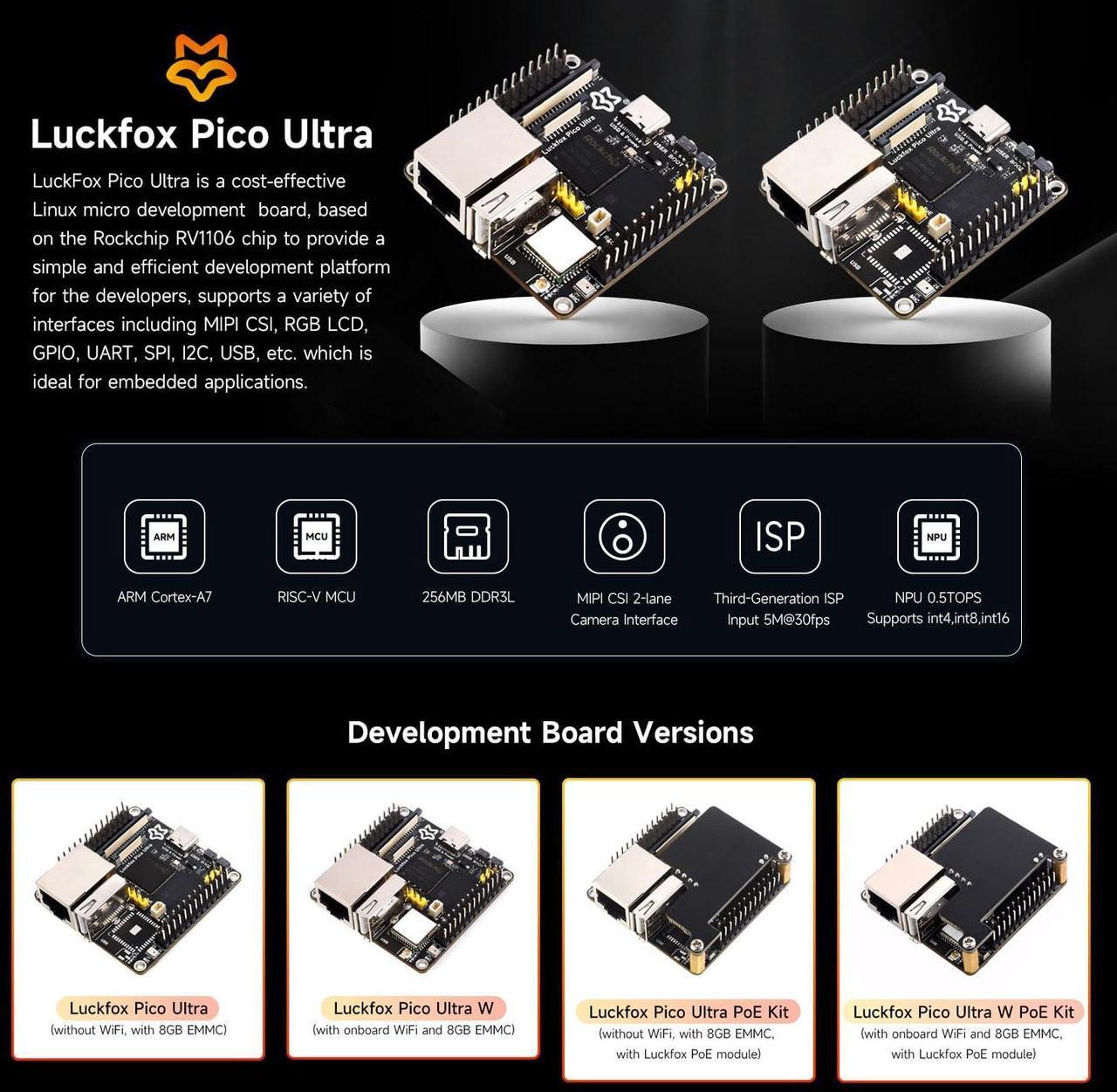 Alt view image 3 of 5 - Waveshare Luckfox Pico Ultra RV1106 Linux Micro Development Board, Integrates ARM Cortex-A7/RISC-V MCU/NPU/ISP Processors, with 8GB EMMC, Without PoE Module or WiFi