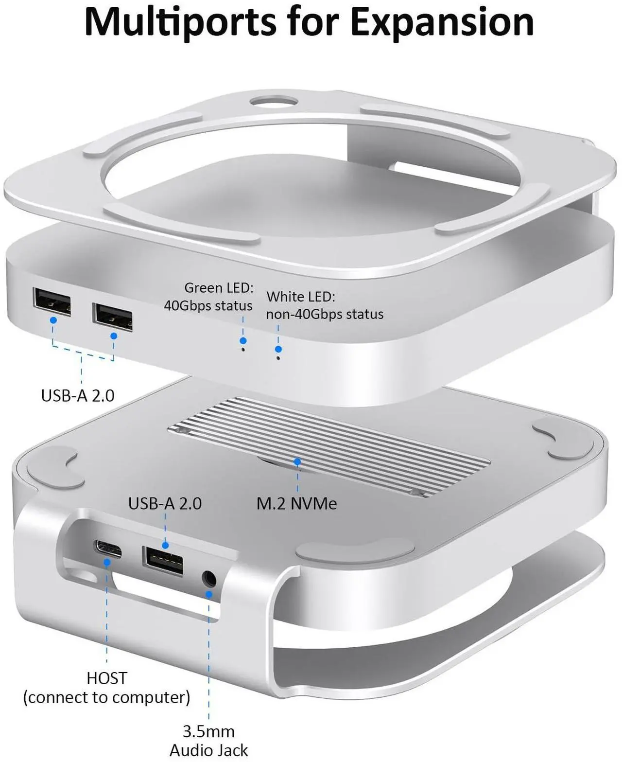 Alt view image 3 of 5 - Akkyajaure 40Gbps USB4 Hub & Stand for Mac mini M4/M4 Pro, All-Aluminum Docking Station with 40Gbps M.2 SSD (NVMe PCle) Enclosure, 3*USB 2.0, 3.5mm Audio, USB4 Host | Mac mini M4 USB-4 Dock