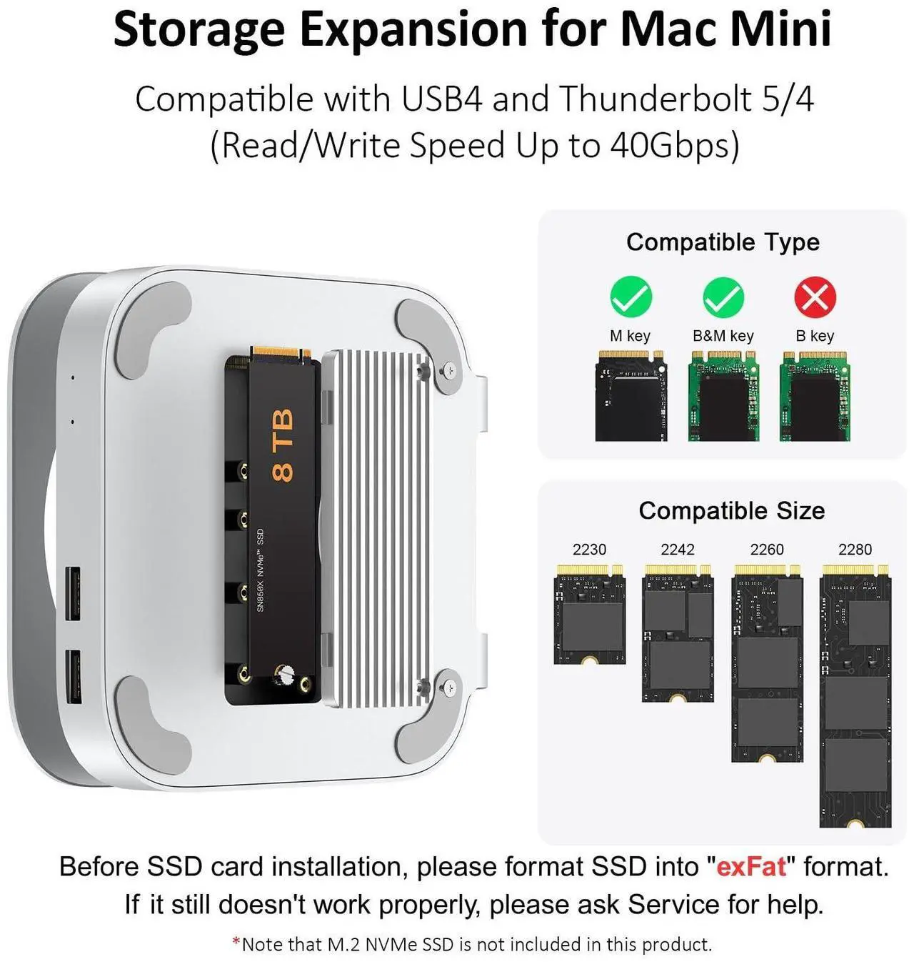 Alt view image 4 of 5 - Akkyajaure 40Gbps USB4 Hub & Stand for Mac mini M4/M4 Pro, All-Aluminum Docking Station with 40Gbps M.2 SSD (NVMe PCle) Enclosure, 3*USB 2.0, 3.5mm Audio, USB4 Host | Mac mini M4 USB-4 Dock