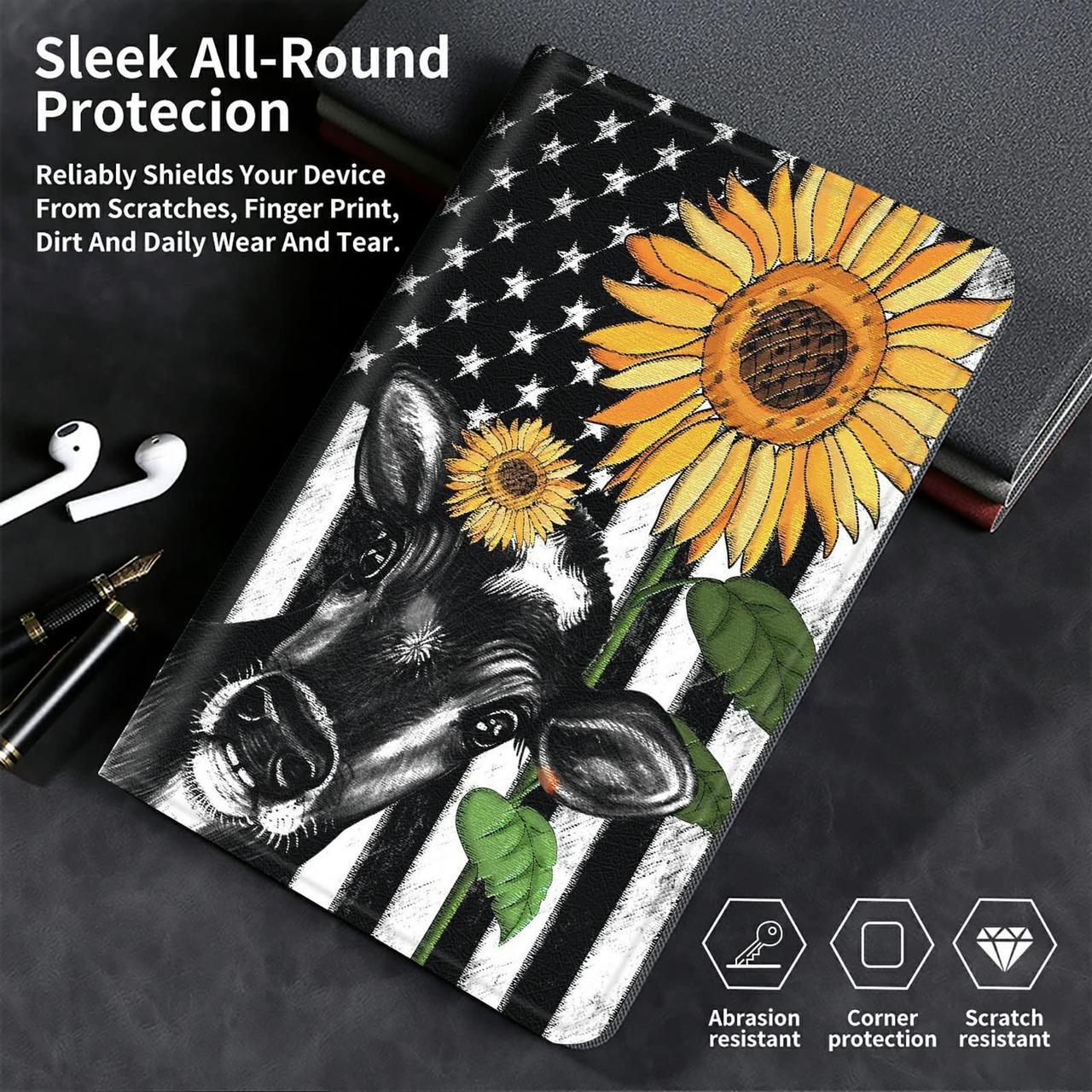 Alt view image 5 of 5 - Case for All-New Kindle Fire HD 10 & 10 Plus Tablet 11th/13th Generation 2021/2023 Lightweight Smart Case Adjustable Stand Protective Cover with Auto Wake/Sleep - American Flag Sunflower/Cow