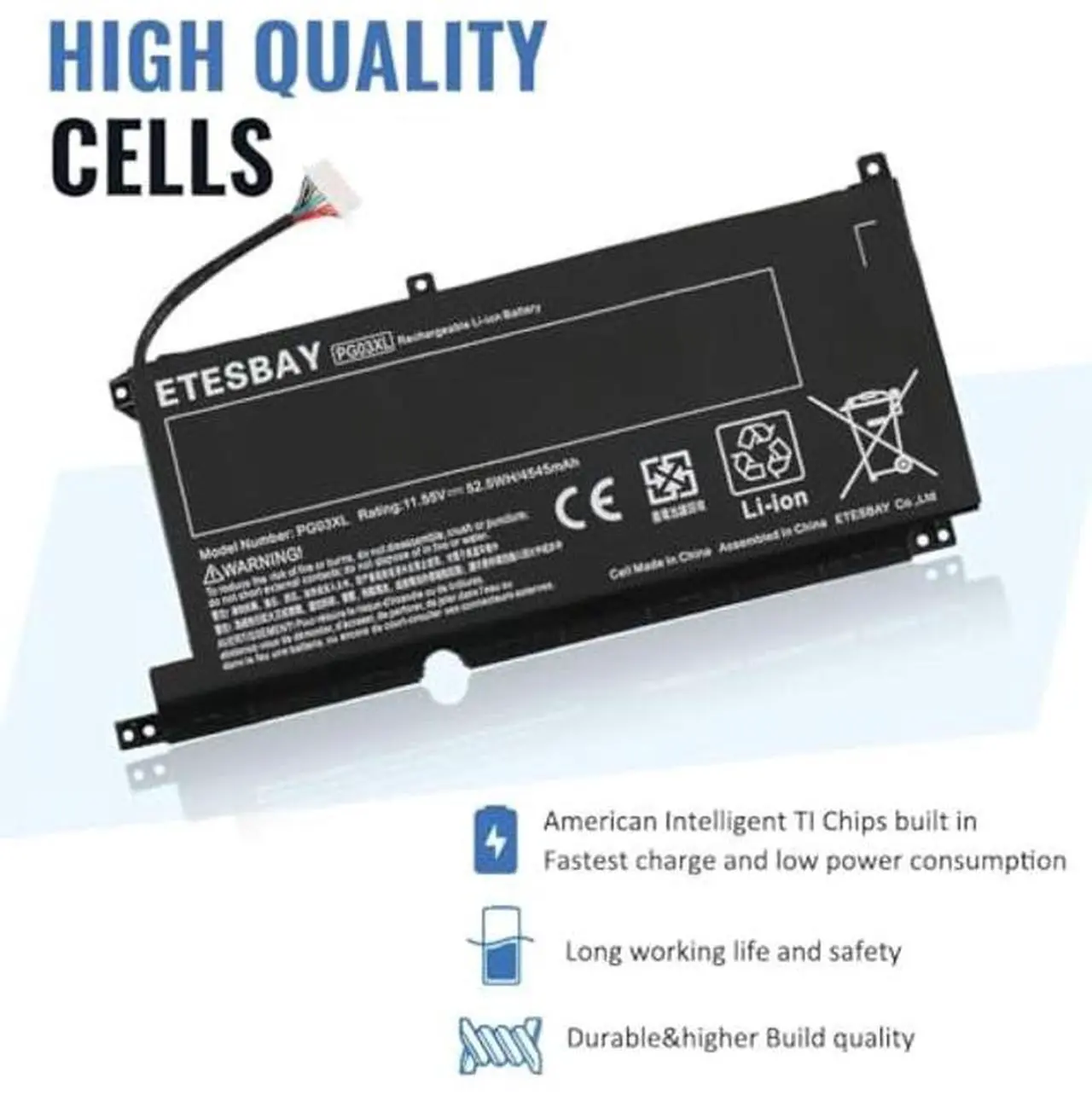 Alt view image 2 of 5 - ETESBAY PG03XL HSTNN-DB9G Laptop Battery Compatible with HP Pavilion Gaming 15-DK 15-dk0000 15-DK0125TX OMEN 5X FPC52 Series HSTNN-OB1I L48430-AC1 L48495-005 L48430-2C1 11.55V