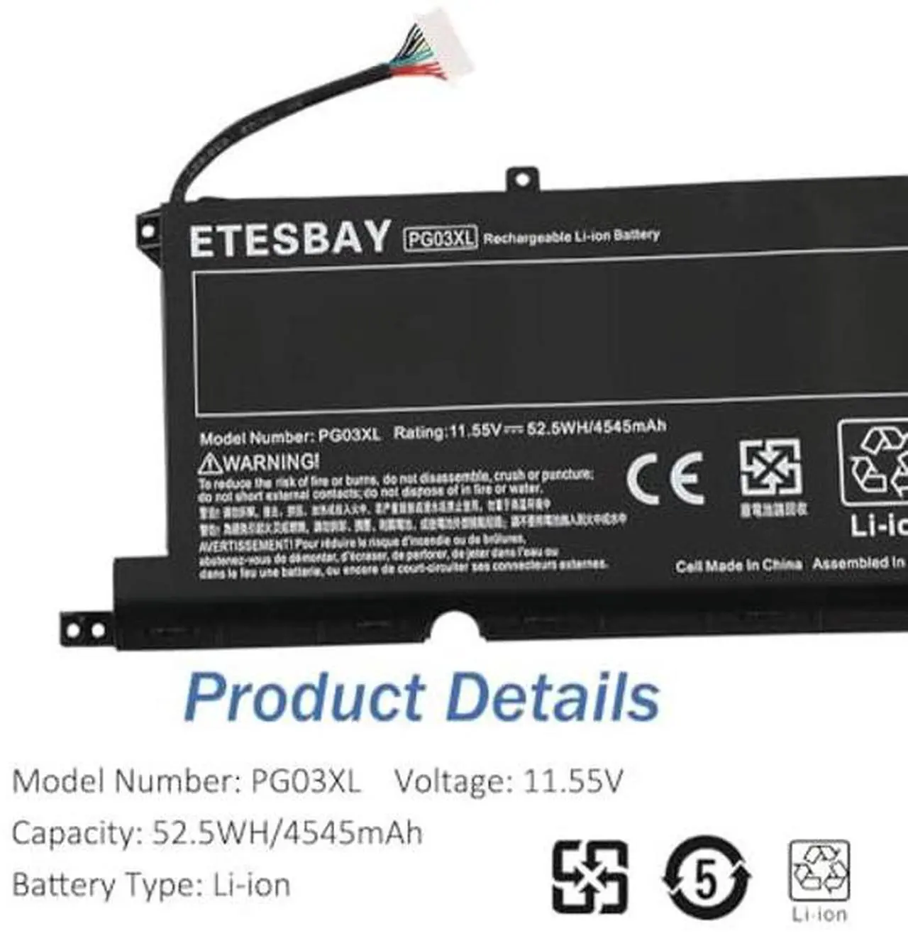 Alt view image 4 of 5 - ETESBAY PG03XL HSTNN-DB9G Laptop Battery Compatible with HP Pavilion Gaming 15-DK 15-dk0000 15-DK0125TX OMEN 5X FPC52 Series HSTNN-OB1I L48430-AC1 L48495-005 L48430-2C1 11.55V