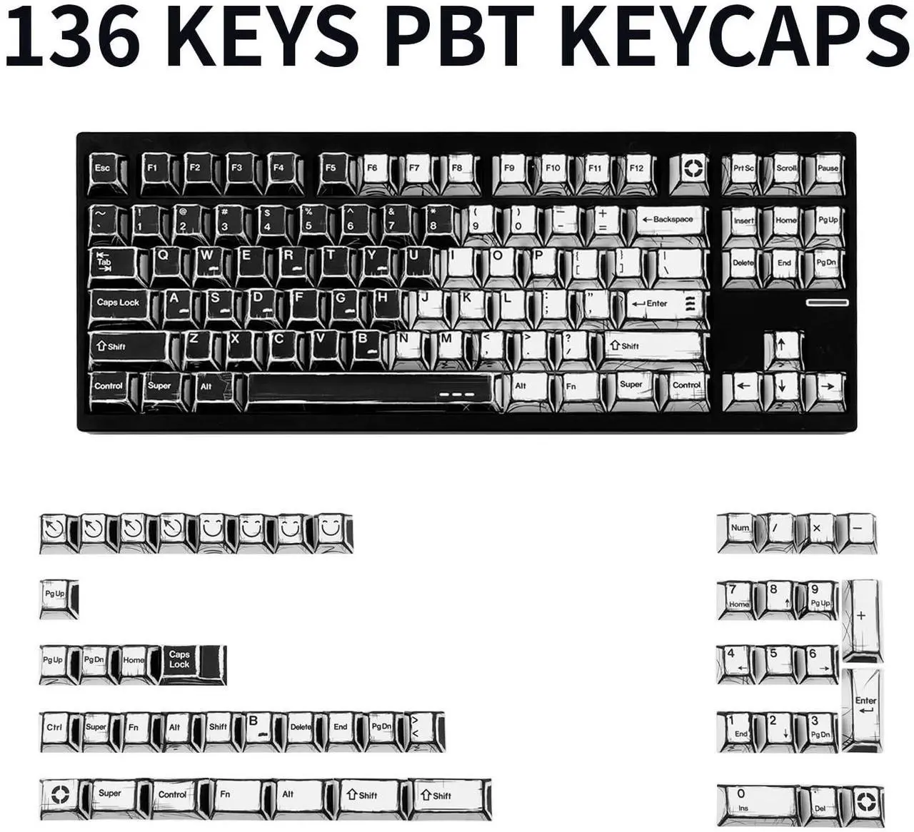Alt view image 2 of 5 - GEKUCAP PBT Keycaps, Black and White Japanese Manga Keycaps Set, 135 Keys Cherry Profile Dye Sub Custom Keycap Minimalis Keyboard Key caps for 60%, 65%, 75%, 100% Cherry MX Mechanical Keyboard