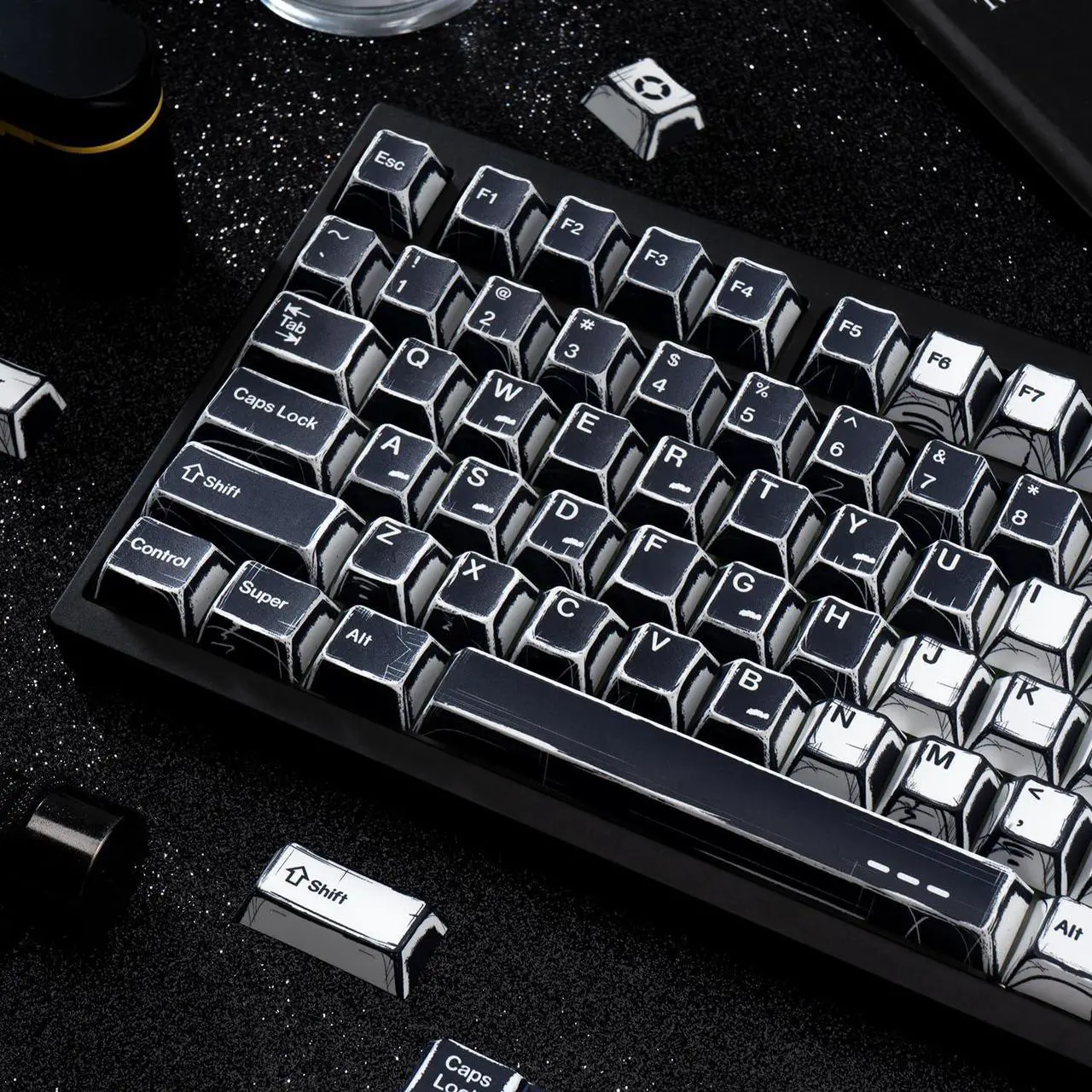 Alt view image 3 of 5 - GEKUCAP PBT Keycaps, Black and White Japanese Manga Keycaps Set, 135 Keys Cherry Profile Dye Sub Custom Keycap Minimalis Keyboard Key caps for 60%, 65%, 75%, 100% Cherry MX Mechanical Keyboard