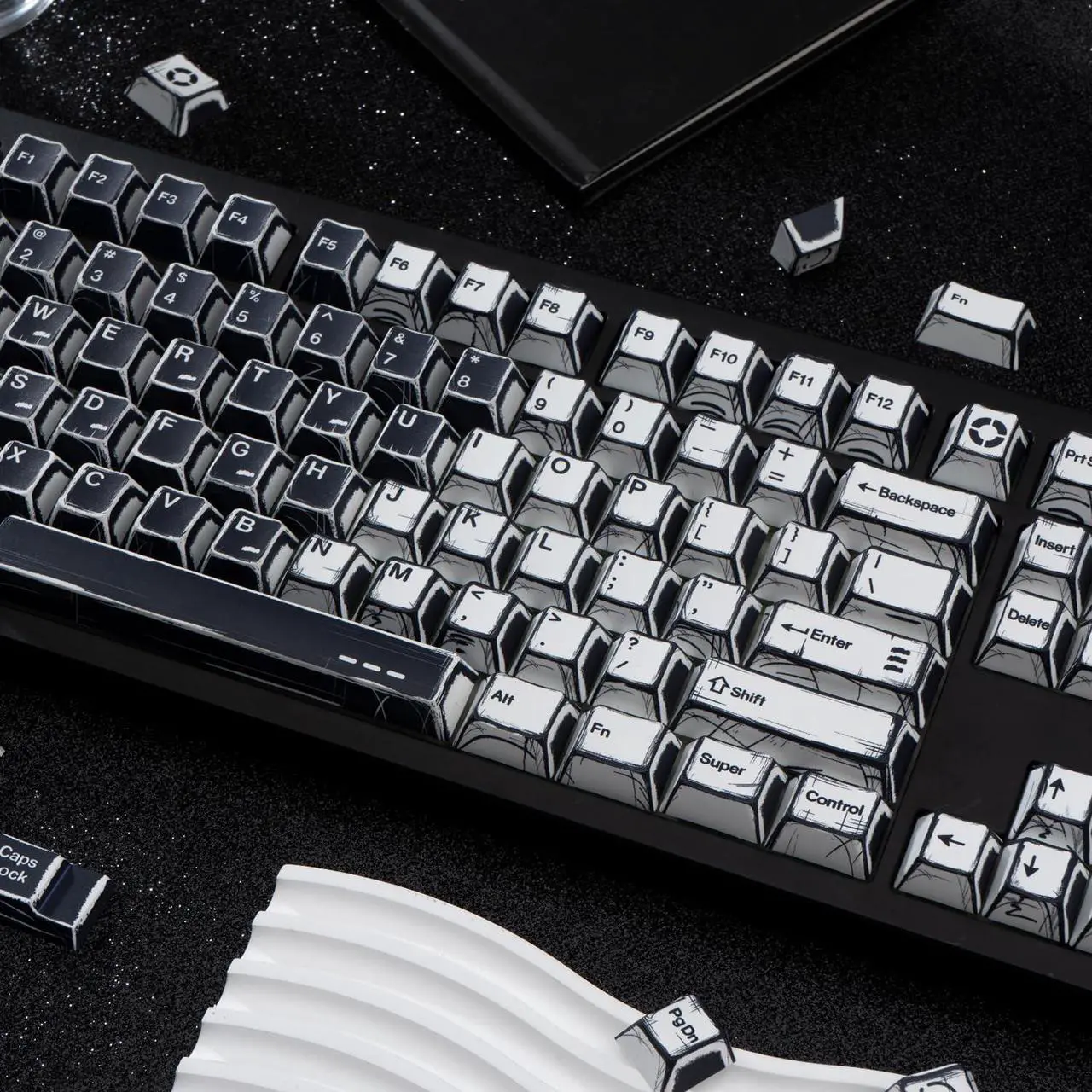 Alt view image 4 of 5 - GEKUCAP PBT Keycaps, Black and White Japanese Manga Keycaps Set, 135 Keys Cherry Profile Dye Sub Custom Keycap Minimalis Keyboard Key caps for 60%, 65%, 75%, 100% Cherry MX Mechanical Keyboard