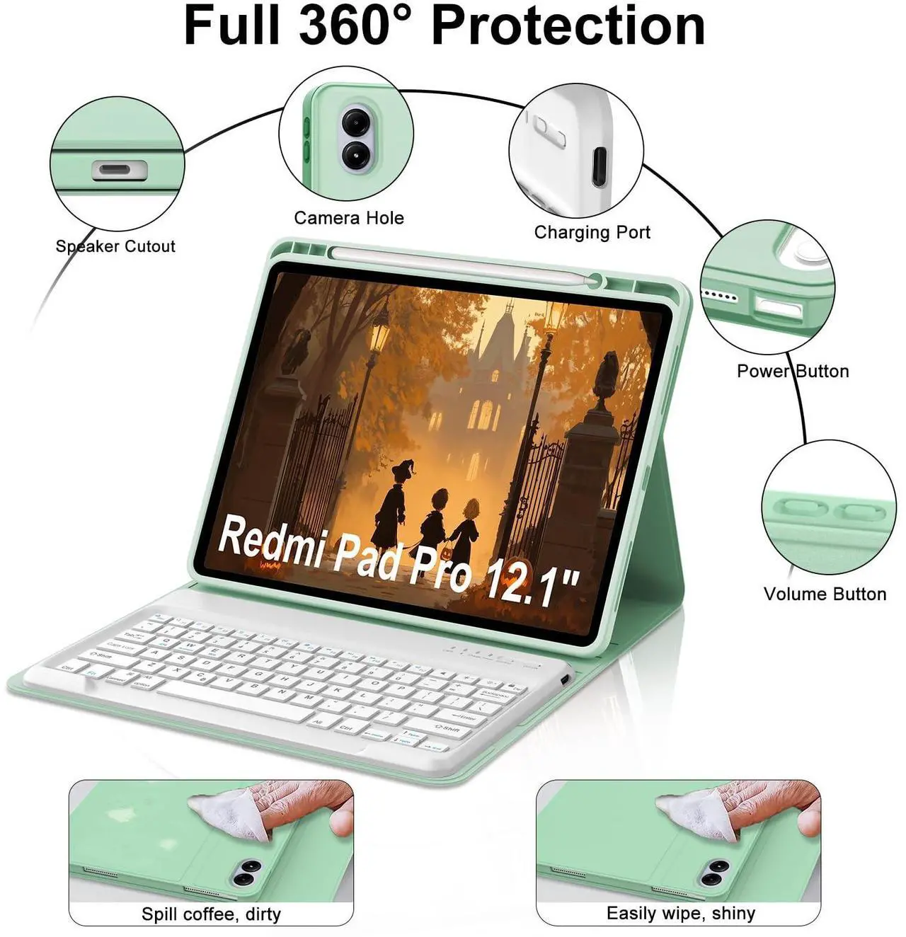 Alt view image 4 of 5 - IVEOPPE for Redmi Pad Pro Keyboard with Case for Xiaomi Redmi Pad Pro 12.1 inch 2024/Xiaomi Poco Pad 12.1" PU Leather Cover Detachable Bluetooth Wireless Keyboard with Pencil Holder,Green