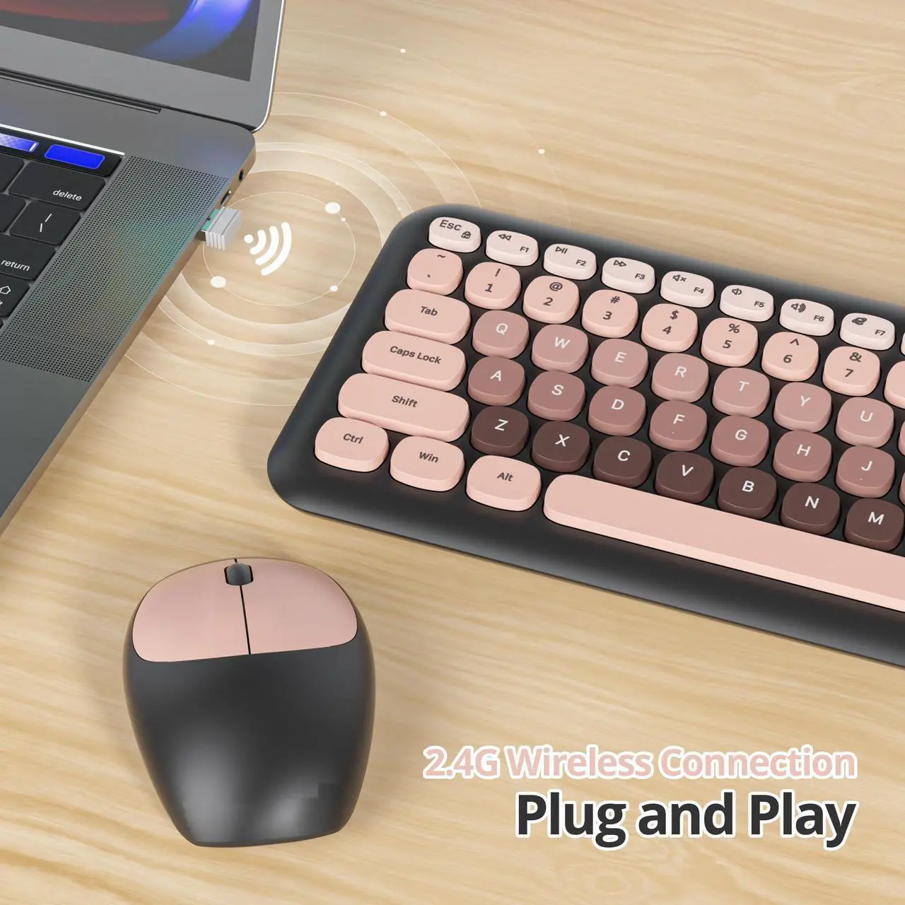 Alt view image 3 of 5 - iRoboosta Black Gradient Wireless Keyboard and Mouse Combo Set, 2.4GHz Retro Typewriter Aesthetic Full Size Cute Keyboard with Number Pad, Home and Office Silent Keyboards (Black Pink)