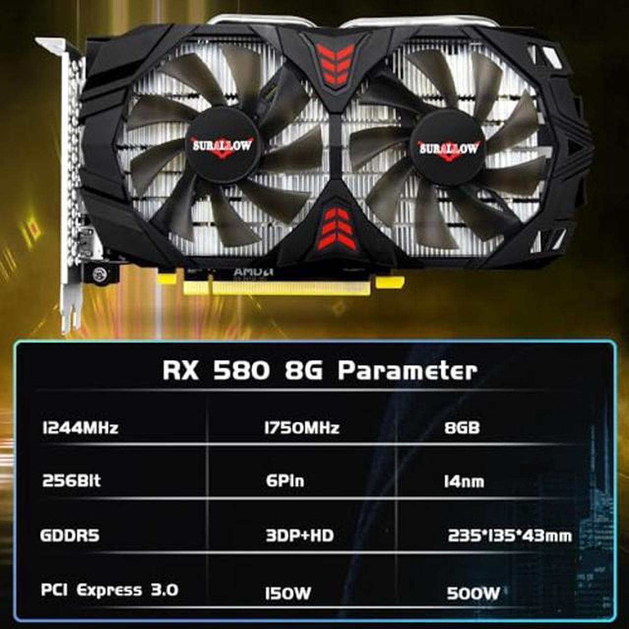 Alt view image 2 of 5 - SURALLOW RX 580 Graphics Card 8GB 2048SP, GDDR5, 256 Bit, Pc Gaming Video Card, 3*DP, HDMI, PCI Express 3.0 with Freeze Fan Stop for Desktop Computer GPU for Gaming PC