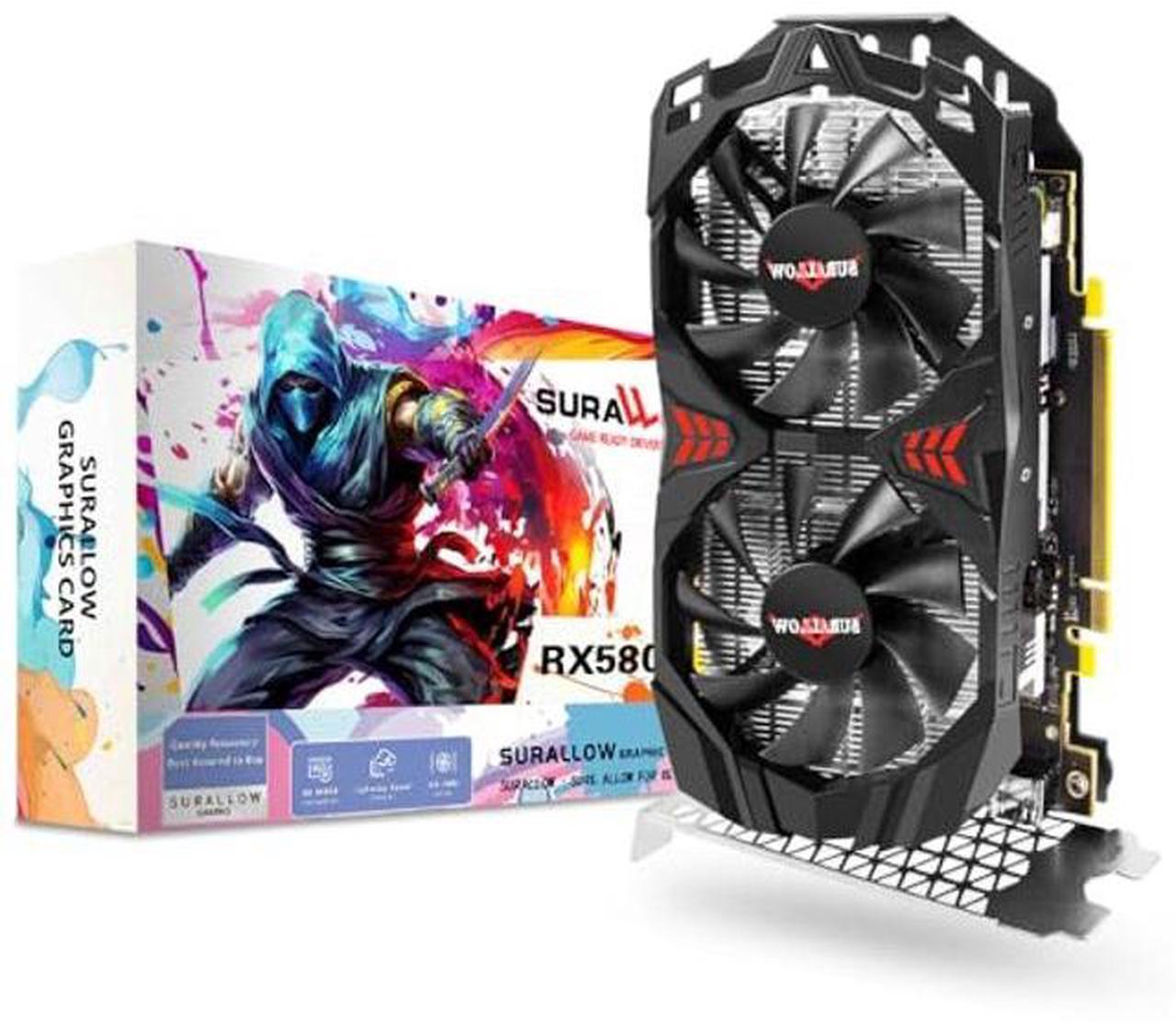 Main image of SURALLOW RX 580 Graphics Card 8GB 2048SP, GDDR5, 256 Bit, Pc Gaming Video Card, 3*DP, HDMI, PCI Express 3.0 with Freeze Fan Stop for Desktop Computer GPU for Gaming PC