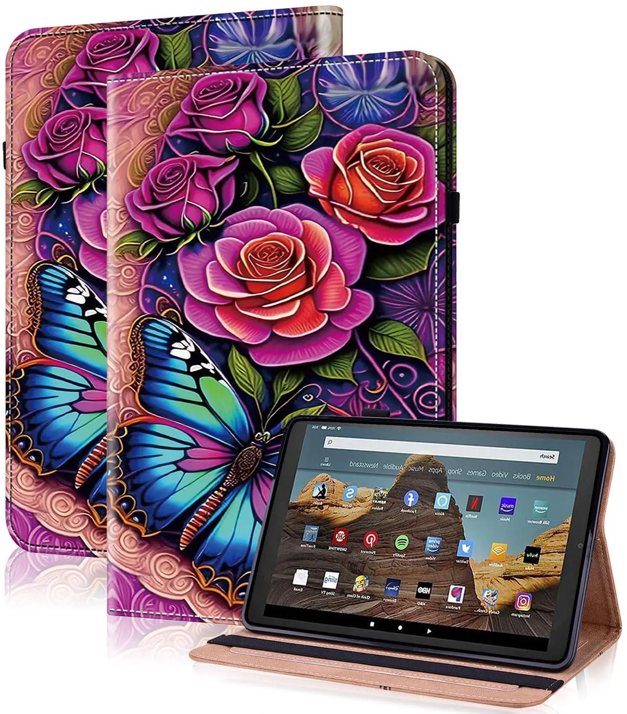 Main image of Case for Kindle Fire HD 10 Tablet 10.1" (6th/7th/8th9/th Generation, 2016/2017/2018/2019), PU Leather Flip Case with Elastic Band & Card Slots/Holder, Multi-Angle Stand Cover - Colorful Butterfly