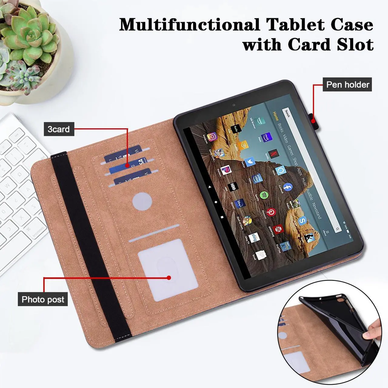 Alt view image 4 of 5 - Case for Kindle Fire HD 10 Tablet 10.1" (6th/7th/8th9/th Generation, 2016/2017/2018/2019), PU Leather Flip Case with Elastic Band & Card Slots/Holder, Multi-Angle Stand Cover - Colorful Butterfly