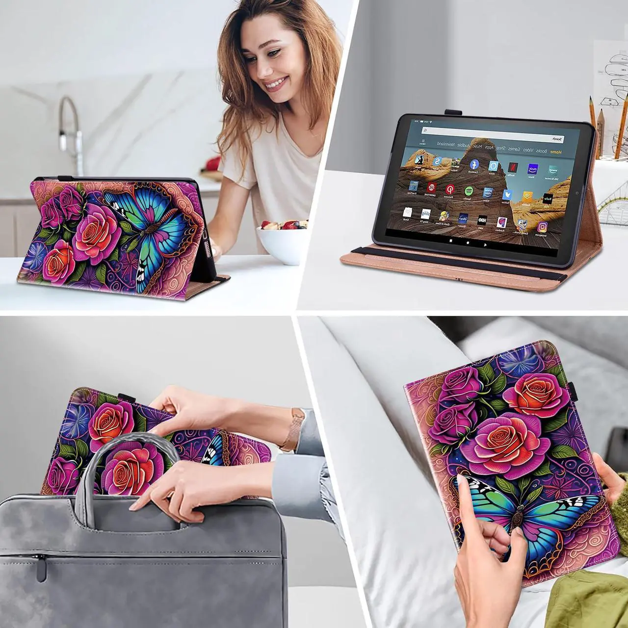 Alt view image 5 of 5 - Case for Kindle Fire HD 10 Tablet 10.1" (6th/7th/8th9/th Generation, 2016/2017/2018/2019), PU Leather Flip Case with Elastic Band & Card Slots/Holder, Multi-Angle Stand Cover - Colorful Butterfly