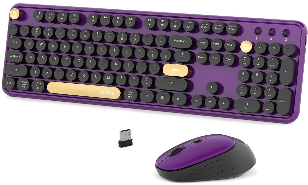 Main image of Colorful Wireless Computer Keyboards Mouse Combos, UBOTIE Polychrome Round Keycaps Retro PC Keyboards 2.4GHz Radio Frequency Connection with Optical Mouse(Black Purple)