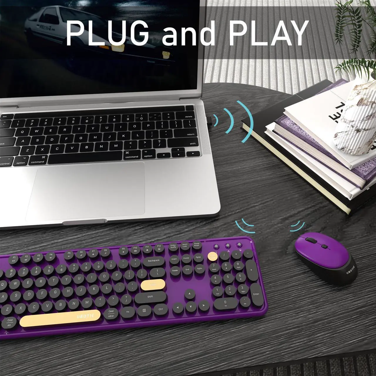 Alt view image 3 of 5 - Colorful Wireless Computer Keyboards Mouse Combos, UBOTIE Polychrome Round Keycaps Retro PC Keyboards 2.4GHz Radio Frequency Connection with Optical Mouse(Black Purple)