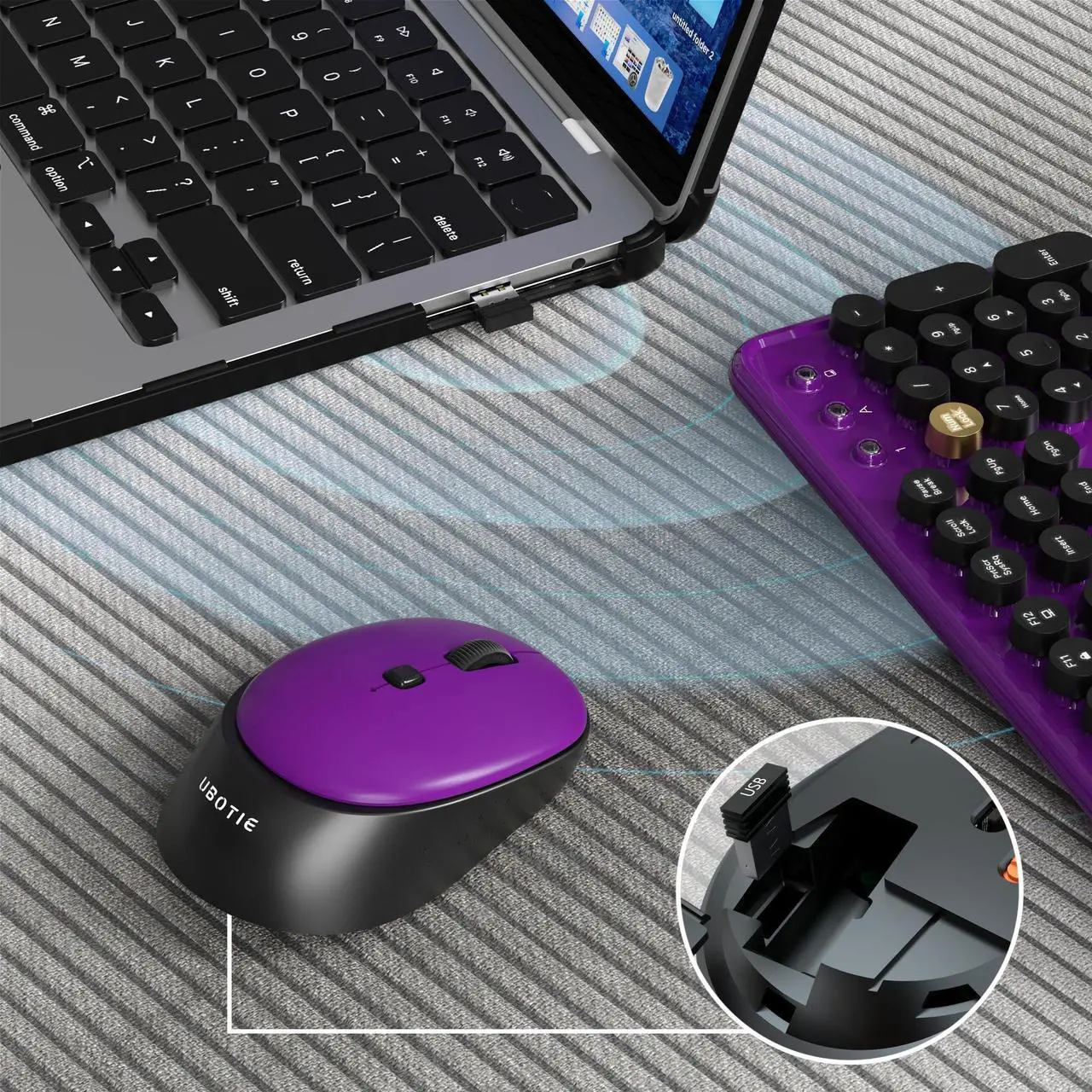 Alt view image 4 of 5 - Colorful Wireless Computer Keyboards Mouse Combos, UBOTIE Polychrome Round Keycaps Retro PC Keyboards 2.4GHz Radio Frequency Connection with Optical Mouse(Black Purple)