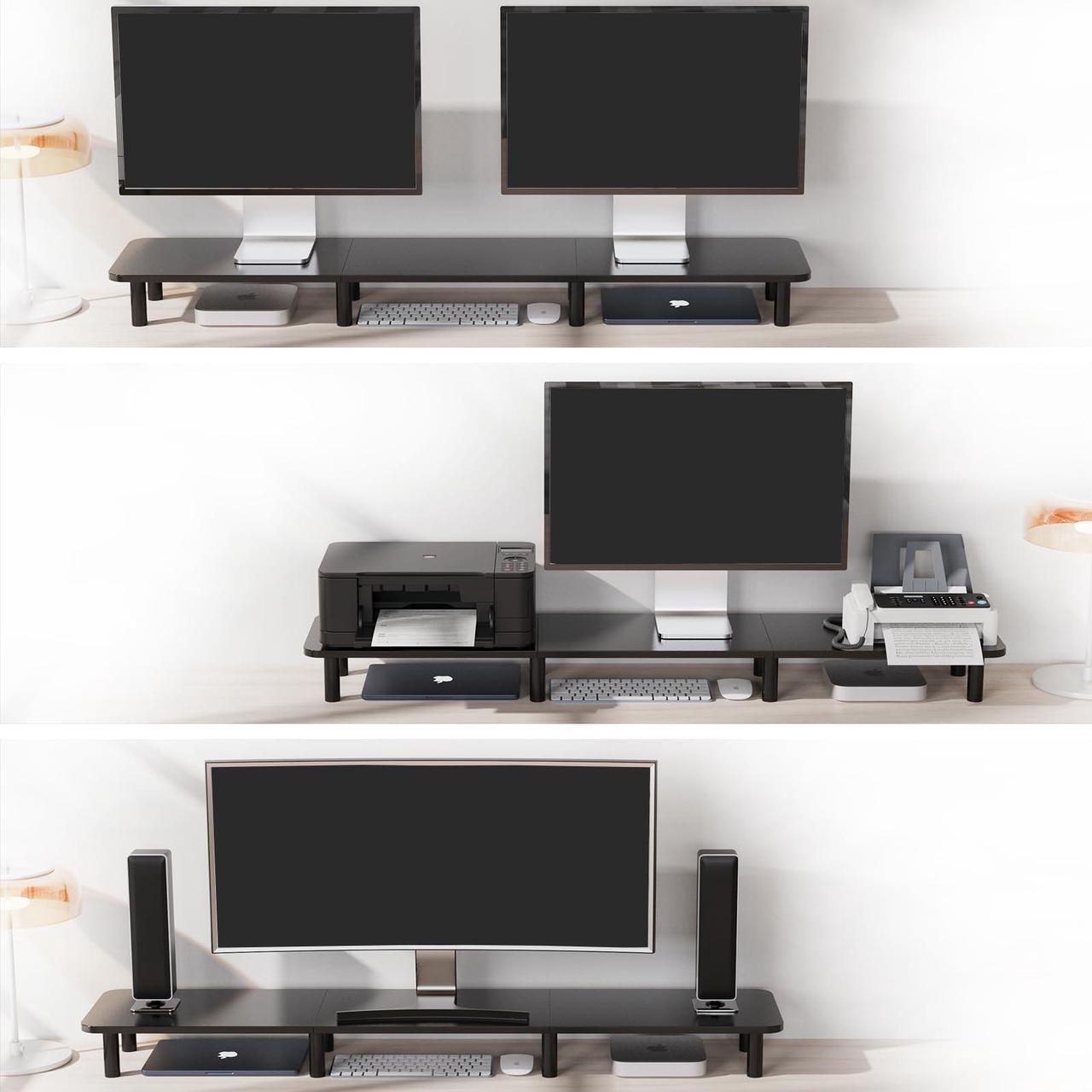 Alt view image 3 of 5 - WEGASTU 43.7" Extra Long Dual Monitor Stand Riser, Wood & Steel Monitor Stand for 2 Monitors, Wide TV Stand, Desktop Riser for Desk Organization, Home Office,Laptop,Printer,TV (Black)