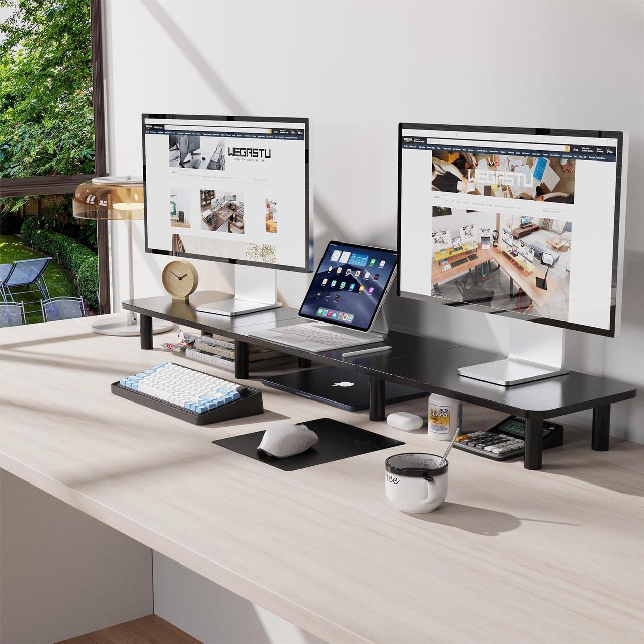 Alt view image 2 of 5 - WEGASTU 43.7" Extra Long Dual Monitor Stand Riser, Wood & Steel Monitor Stand for 2 Monitors, Wide TV Stand, Desktop Riser for Desk Organization, Home Office,Laptop,Printer,TV (Black)