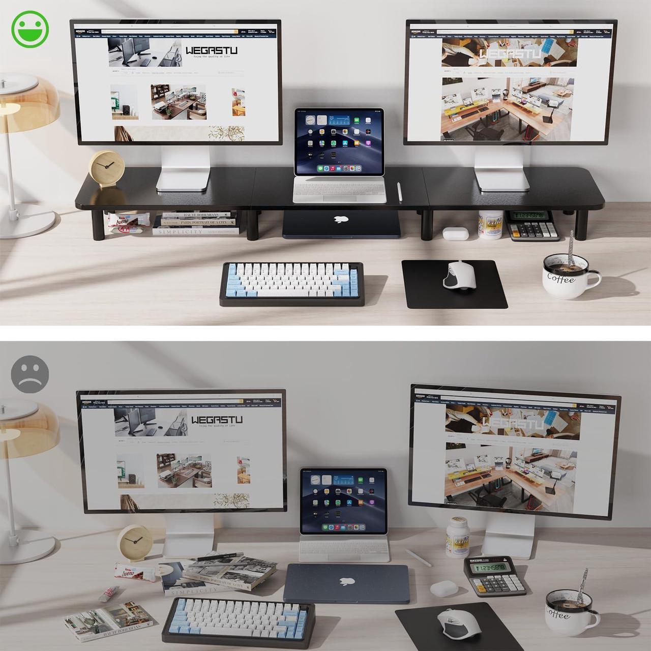 Alt view image 4 of 5 - WEGASTU 43.7" Extra Long Dual Monitor Stand Riser, Wood & Steel Monitor Stand for 2 Monitors, Wide TV Stand, Desktop Riser for Desk Organization, Home Office,Laptop,Printer,TV (Black)
