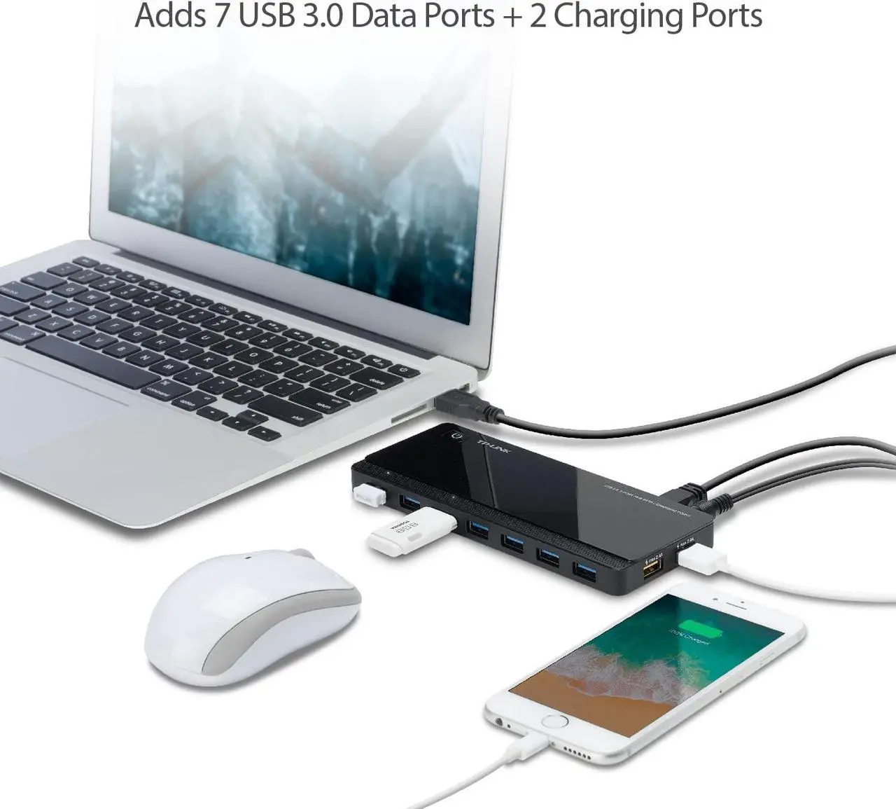 Alt view image 7 of 7 - TP-LINK Powered USB Hub 3.0 with 7 USB 3.0 Data Ports and 2 Smart Charging USB Ports. Compatible with Windows, Mac, Chrome & Linux OS, with Power On/Off Button, 12V/4A Power Adapter(UH720)