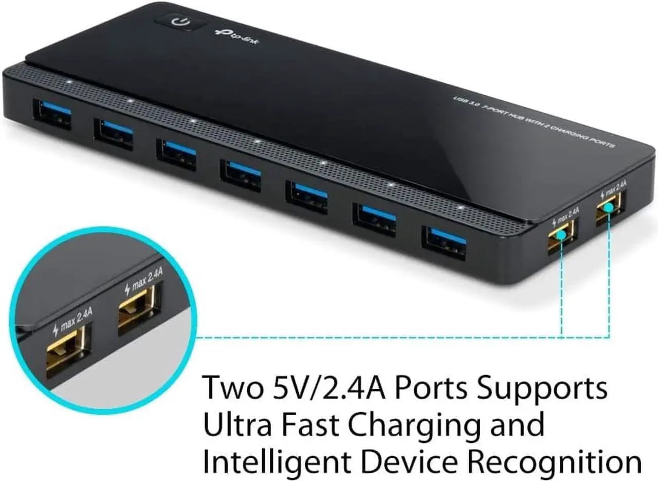 Alt view image 2 of 7 - TP-LINK Powered USB Hub 3.0 with 7 USB 3.0 Data Ports and 2 Smart Charging USB Ports. Compatible with Windows, Mac, Chrome & Linux OS, with Power On/Off Button, 12V/4A Power Adapter(UH720)
