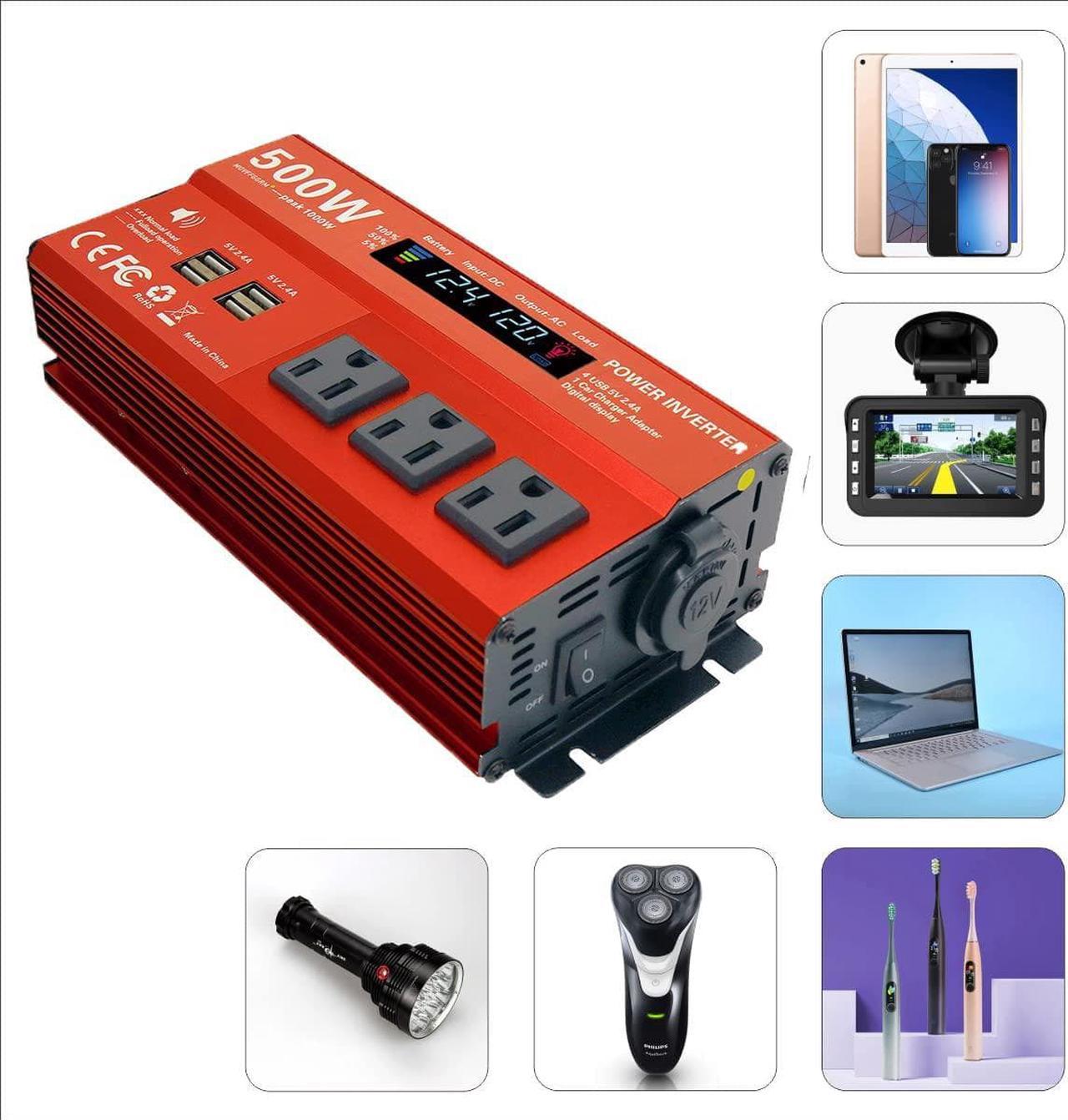 500W Modified sine Wave Power Inverter,Peak 1000 watt, Car 12V DC to 110V AC Converter 4 x 2.4A USB Ports Car Charger with 1 Cigarette Lighter Ports,Travel Camping Essentials