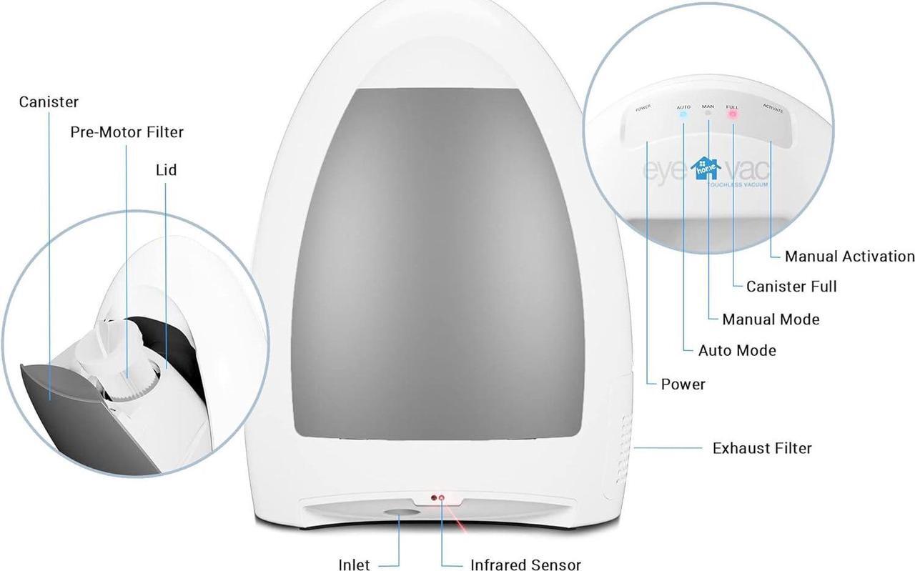 Alt view image 3 of 7 - EyeVac Home Touchless Vacuum Automatic Dustpan - Great for Sweeping Pet Hair Food Dirt Kitchen - Ultra Fast & Powerful, Corded Canister Vacuum, Bagless, Automatic Sensors, 1000 Watt (White)