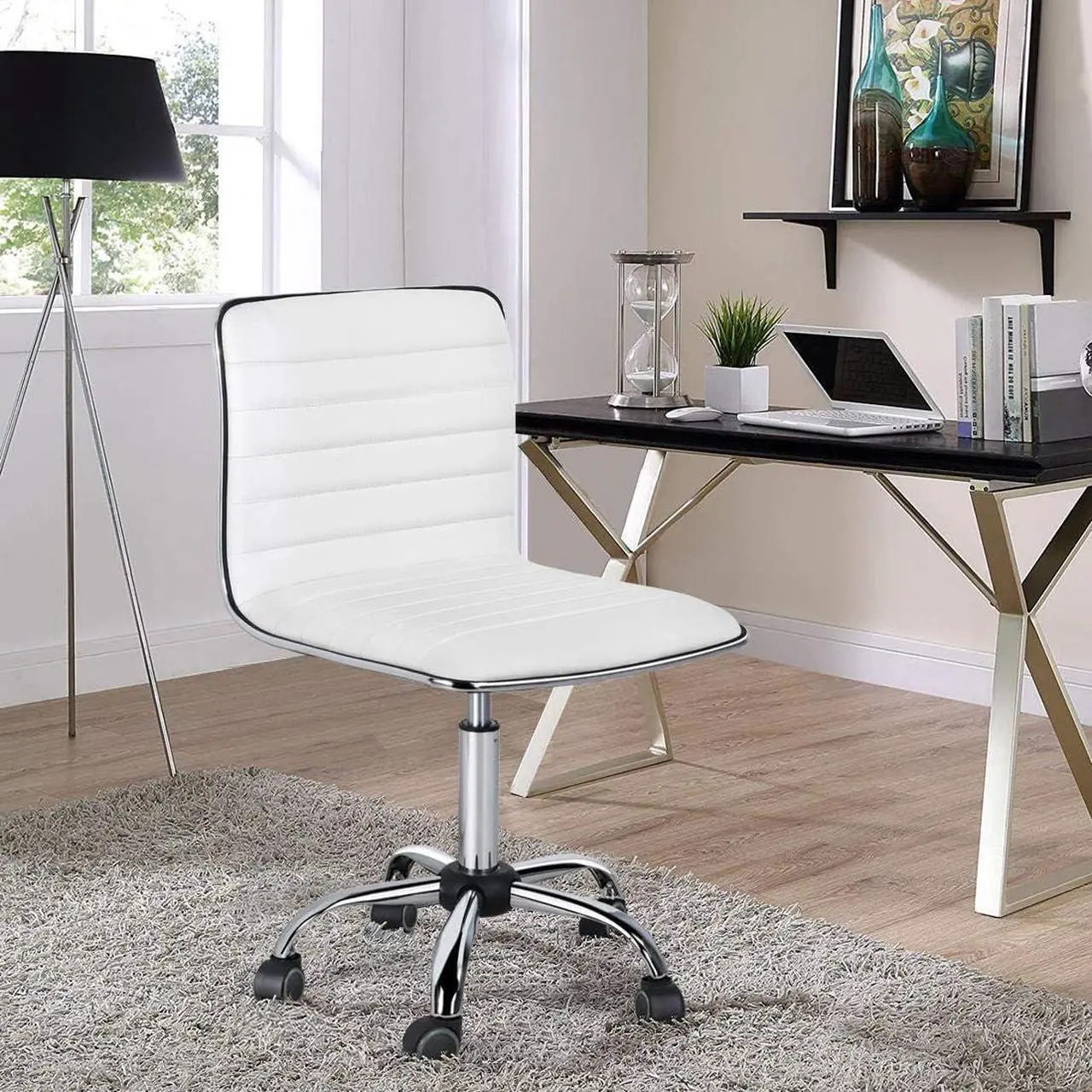 Alt view image 4 of 7 - Topeakmart Office Task Chair Faux Leather Low Back Ribbed Armless Swivel Desk Chair Office Chair w/Wheels White