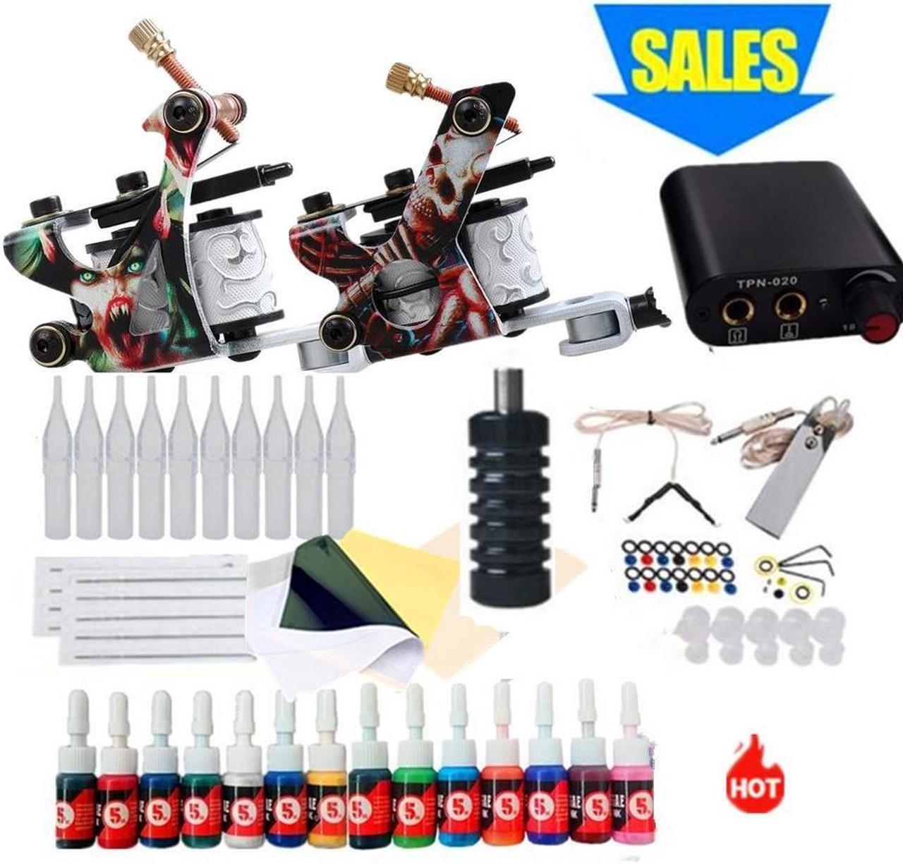 Main image of 2 Machine 14 Colors Tattoo Ink Set Black Power Supply Needles Tips Disposable Supplies Tattoo Kit Complete Set