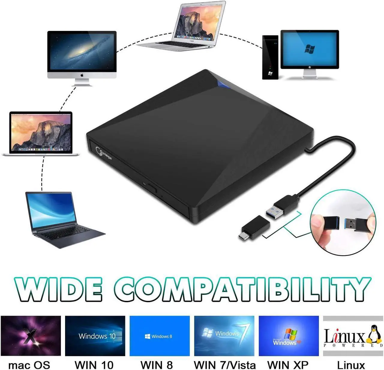 Alt view image 2 of 7 - Gotega External DVD Drive USB 3.0 Type C with Storage Case External CD DVD Drive for Laptop Portable DVD/CD ROM +/-RW Drive Burner Rewriter for Windows, Mac, Linux Laptop Desktop, MacBook