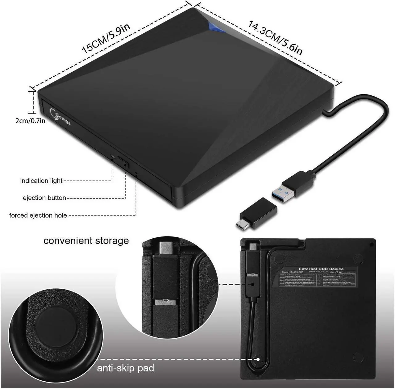Alt view image 4 of 7 - Gotega External DVD Drive USB 3.0 Type C with Storage Case External CD DVD Drive for Laptop Portable DVD/CD ROM +/-RW Drive Burner Rewriter for Windows, Mac, Linux Laptop Desktop, MacBook