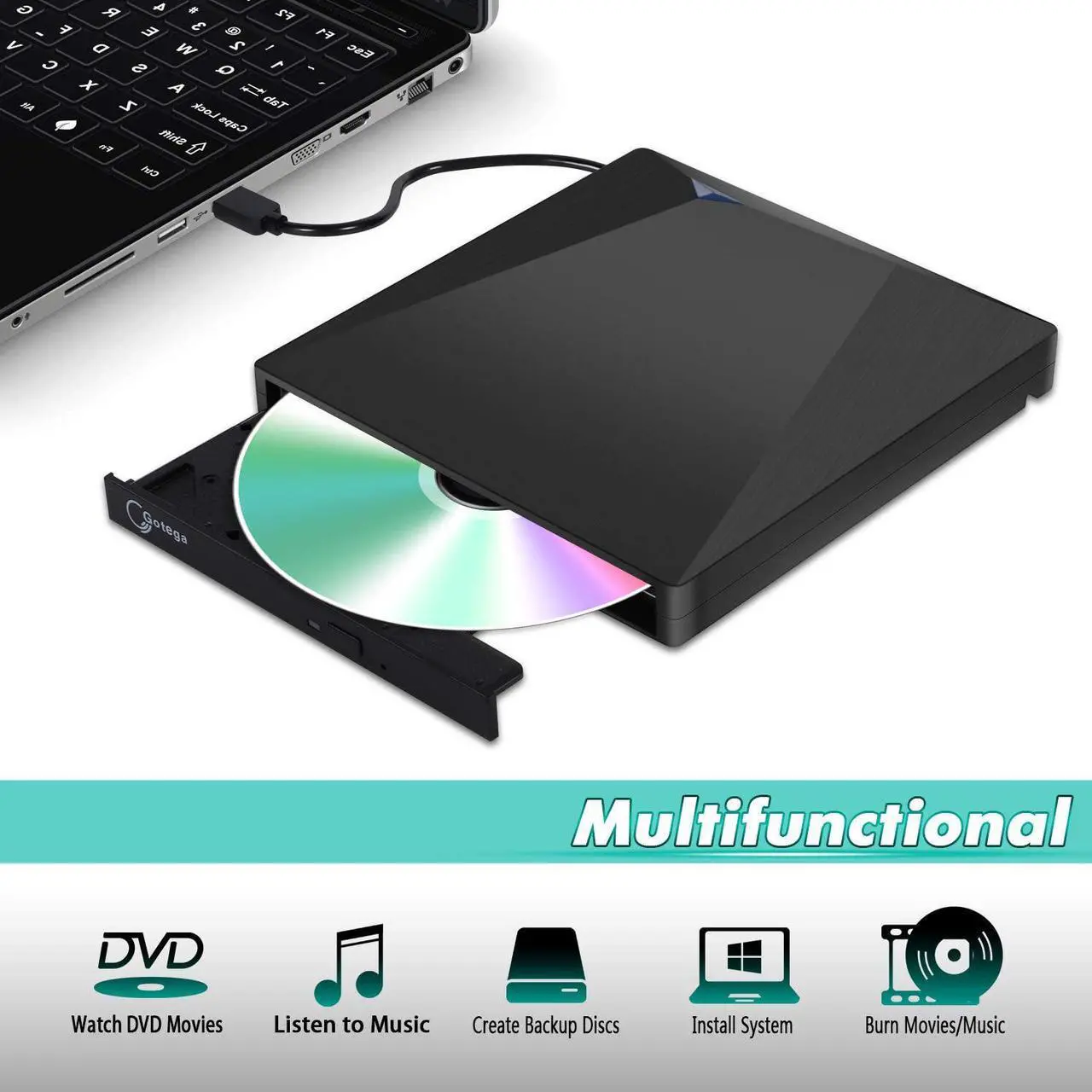 Alt view image 6 of 7 - Gotega External DVD Drive USB 3.0 Type C with Storage Case External CD DVD Drive for Laptop Portable DVD/CD ROM +/-RW Drive Burner Rewriter for Windows, Mac, Linux Laptop Desktop, MacBook