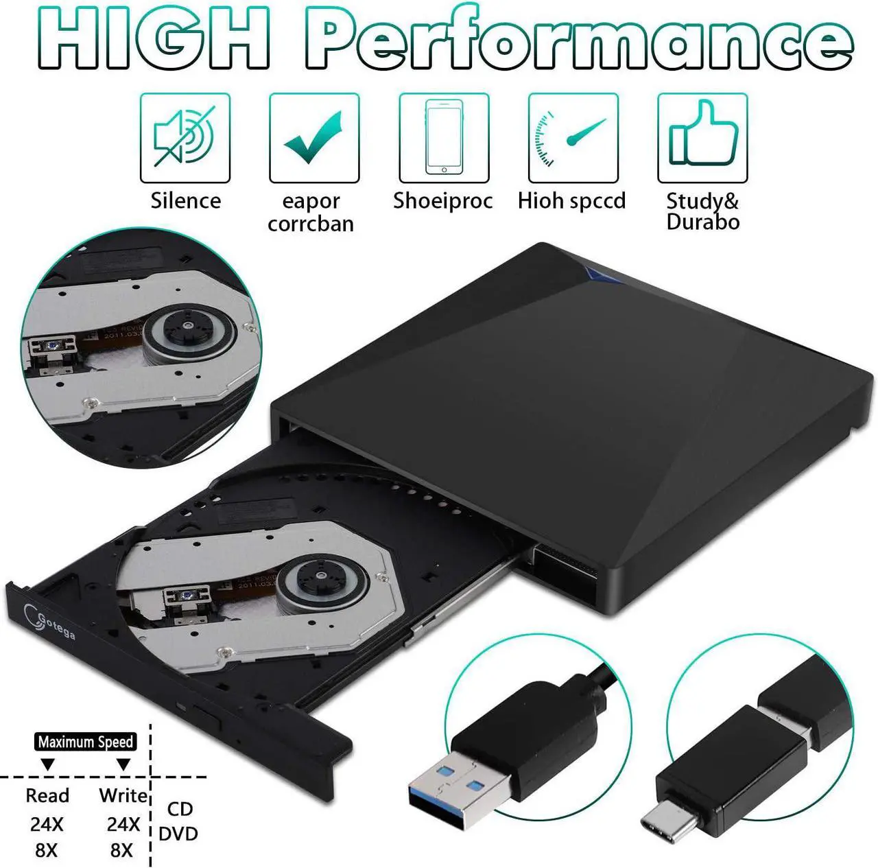 Alt view image 3 of 7 - Gotega External DVD Drive USB 3.0 Type C with Storage Case External CD DVD Drive for Laptop Portable DVD/CD ROM +/-RW Drive Burner Rewriter for Windows, Mac, Linux Laptop Desktop, MacBook