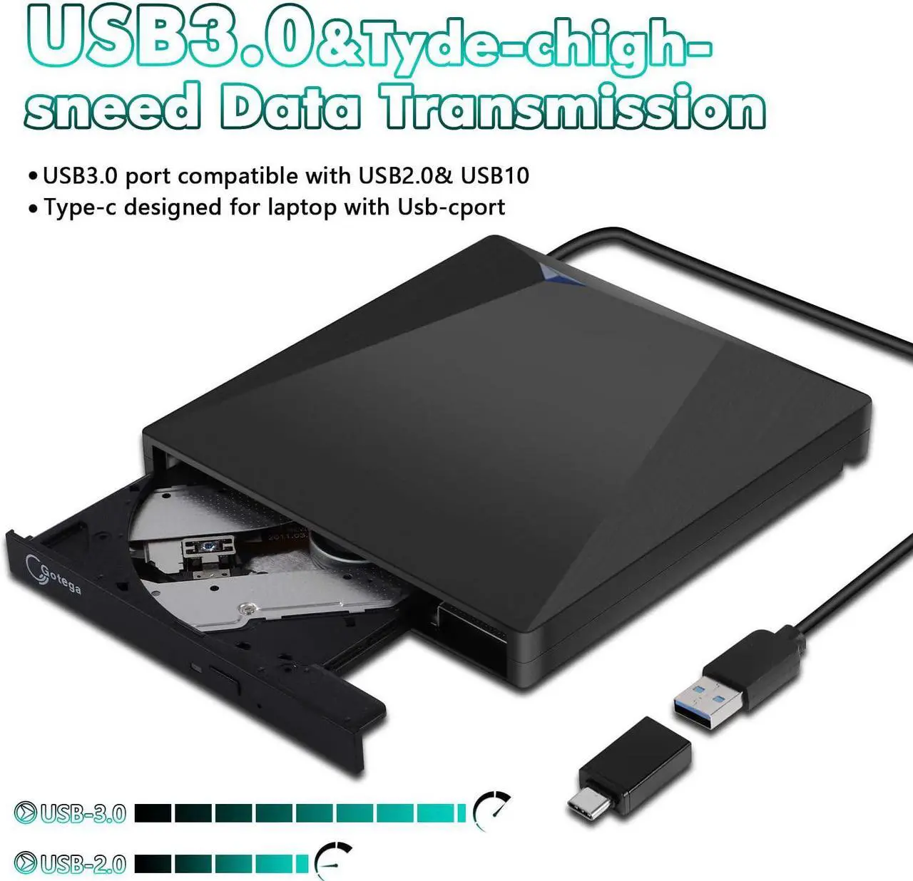 Alt view image 5 of 7 - Gotega External DVD Drive USB 3.0 Type C with Storage Case External CD DVD Drive for Laptop Portable DVD/CD ROM +/-RW Drive Burner Rewriter for Windows, Mac, Linux Laptop Desktop, MacBook