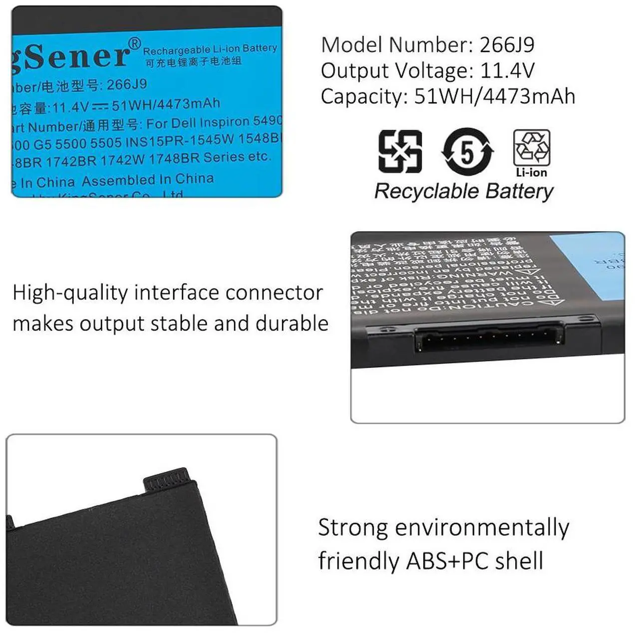 Alt view image 4 of 5 - Kingsener 266J9 Laptop Battery For Dell Inspiron 14 5490 G3 15 3590 3500 G5 15 5500 5505 11.4V 51WH