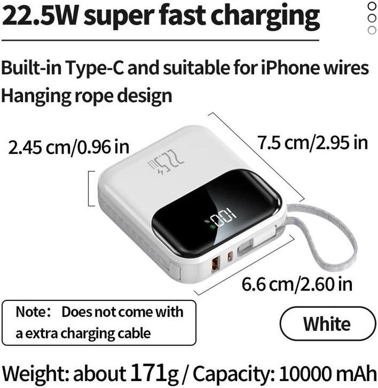 10000mAh compact portable power bank, 22.5W super fast charging, with built-in charging cable