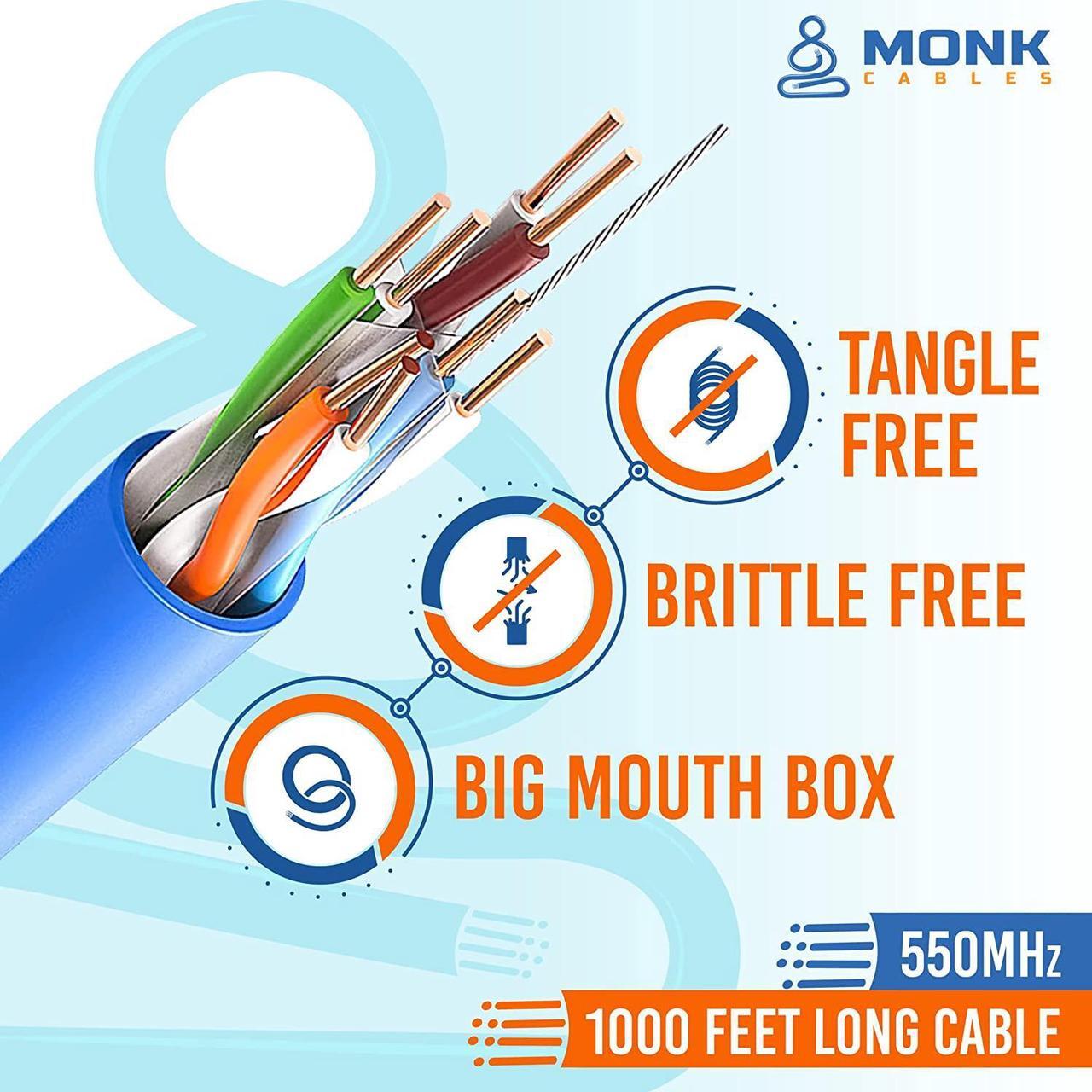 Alt view image 3 of 6 - Monk Cable CAT6 Plenum Cable | Solid Internet Wire | CMP Plenum Rated | 23AWG 550MHz UTP | Network Ethernet Cable Bulk 900ft White