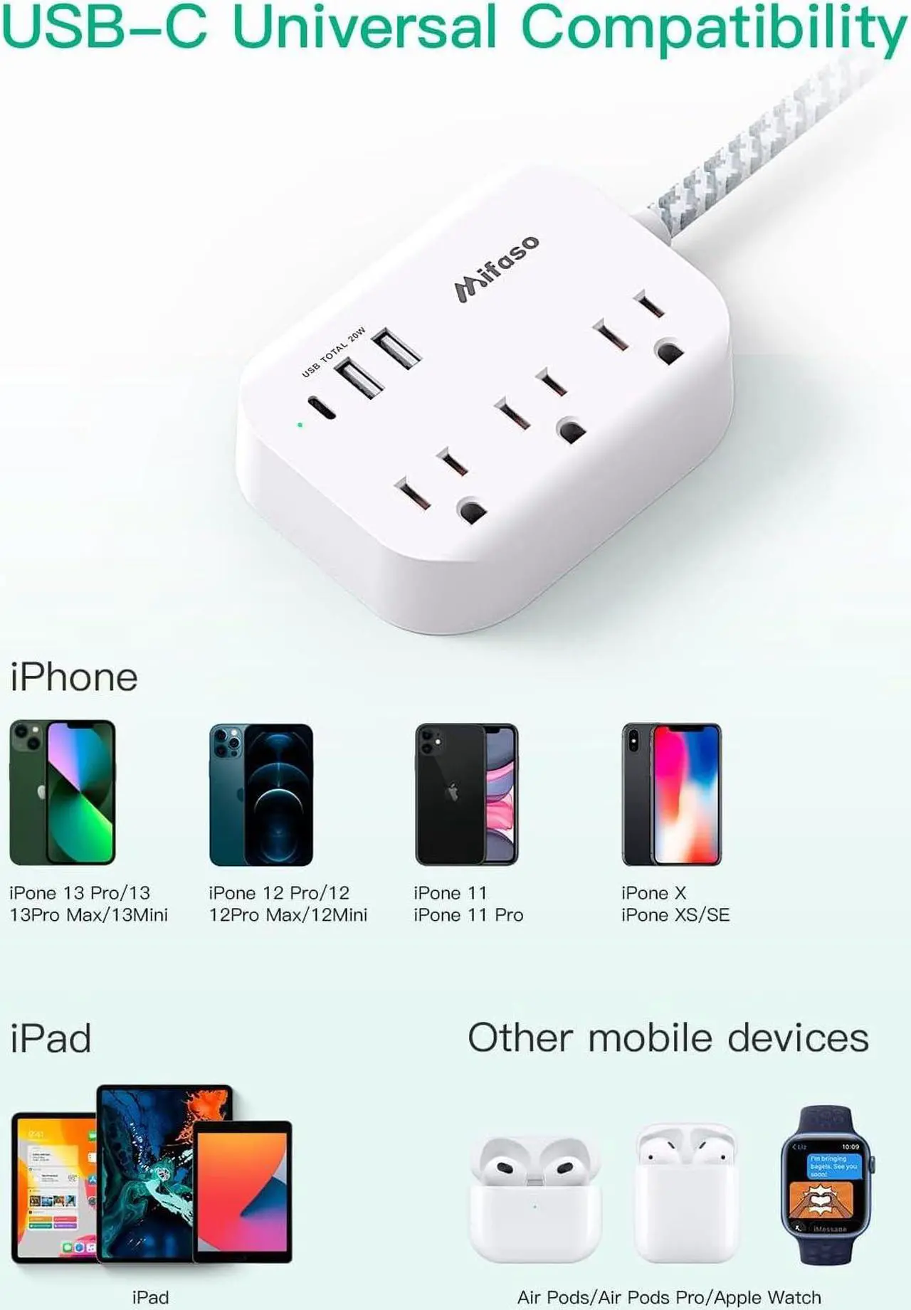 Alt view image 3 of 7 - Mifaso Power Strip USB C Power Delivery 20W - Flat Plug with 3 Outlets 3 USB Ports(1), 5ft Braided Extension Cord, Compact for Cruise Ship, Travel, Home and Dorm