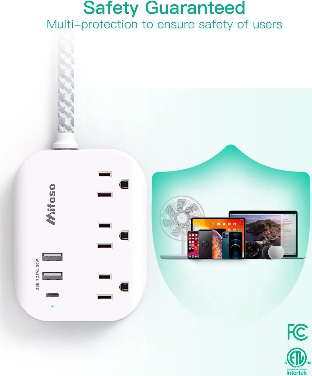 Alt view image 7 of 7 - Mifaso Power Strip USB C Power Delivery 20W - Flat Plug with 3 Outlets 3 USB Ports(1), 5ft Braided Extension Cord, Compact for Cruise Ship, Travel, Home and Dorm