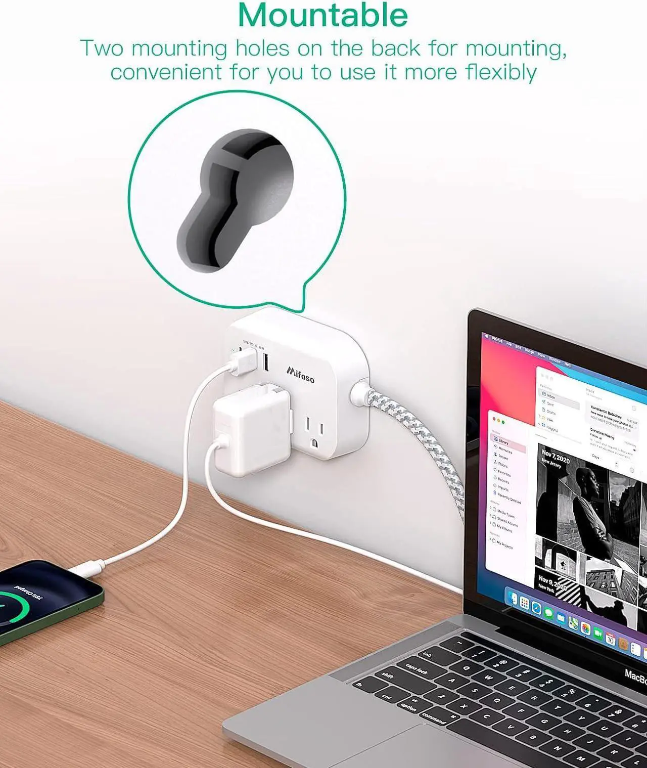 Alt view image 4 of 7 - Mifaso Power Strip USB C Power Delivery 20W - Flat Plug with 3 Outlets 3 USB Ports(1), 5ft Braided Extension Cord, Compact for Cruise Ship, Travel, Home and Dorm