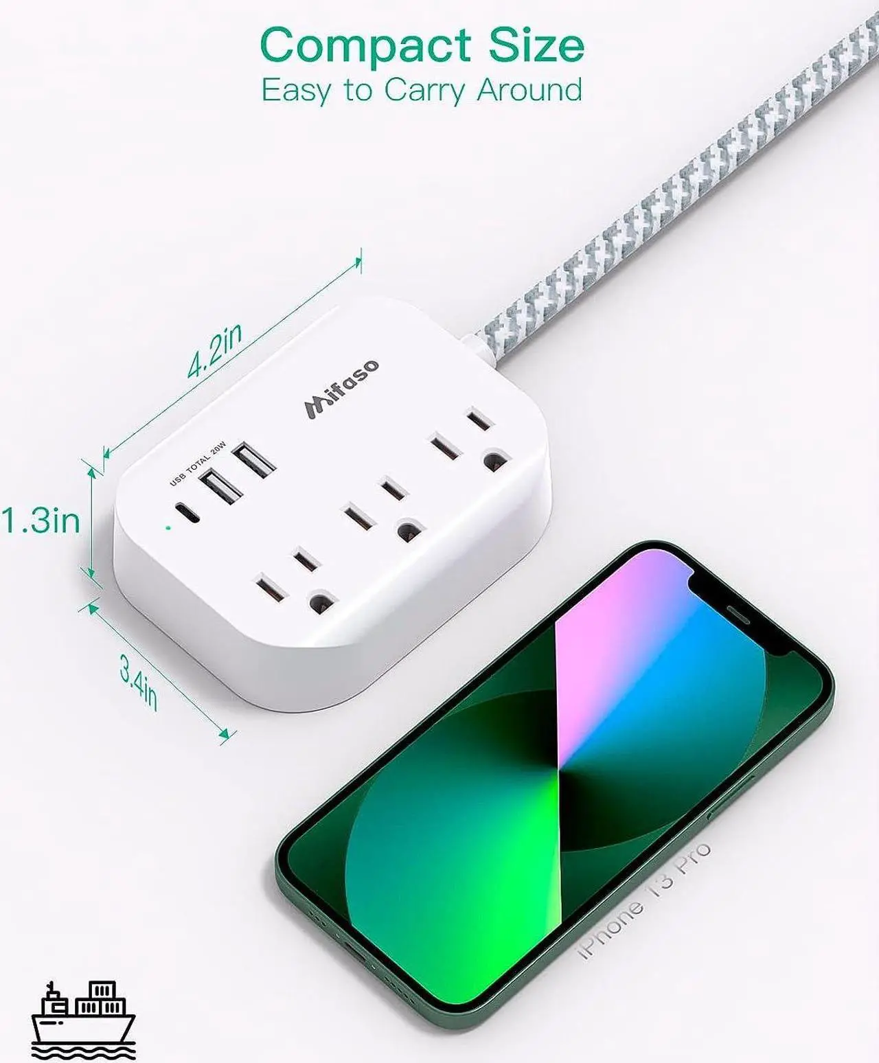 Alt view image 6 of 7 - Mifaso Power Strip USB C Power Delivery 20W - Flat Plug with 3 Outlets 3 USB Ports(1), 5ft Braided Extension Cord, Compact for Cruise Ship, Travel, Home and Dorm
