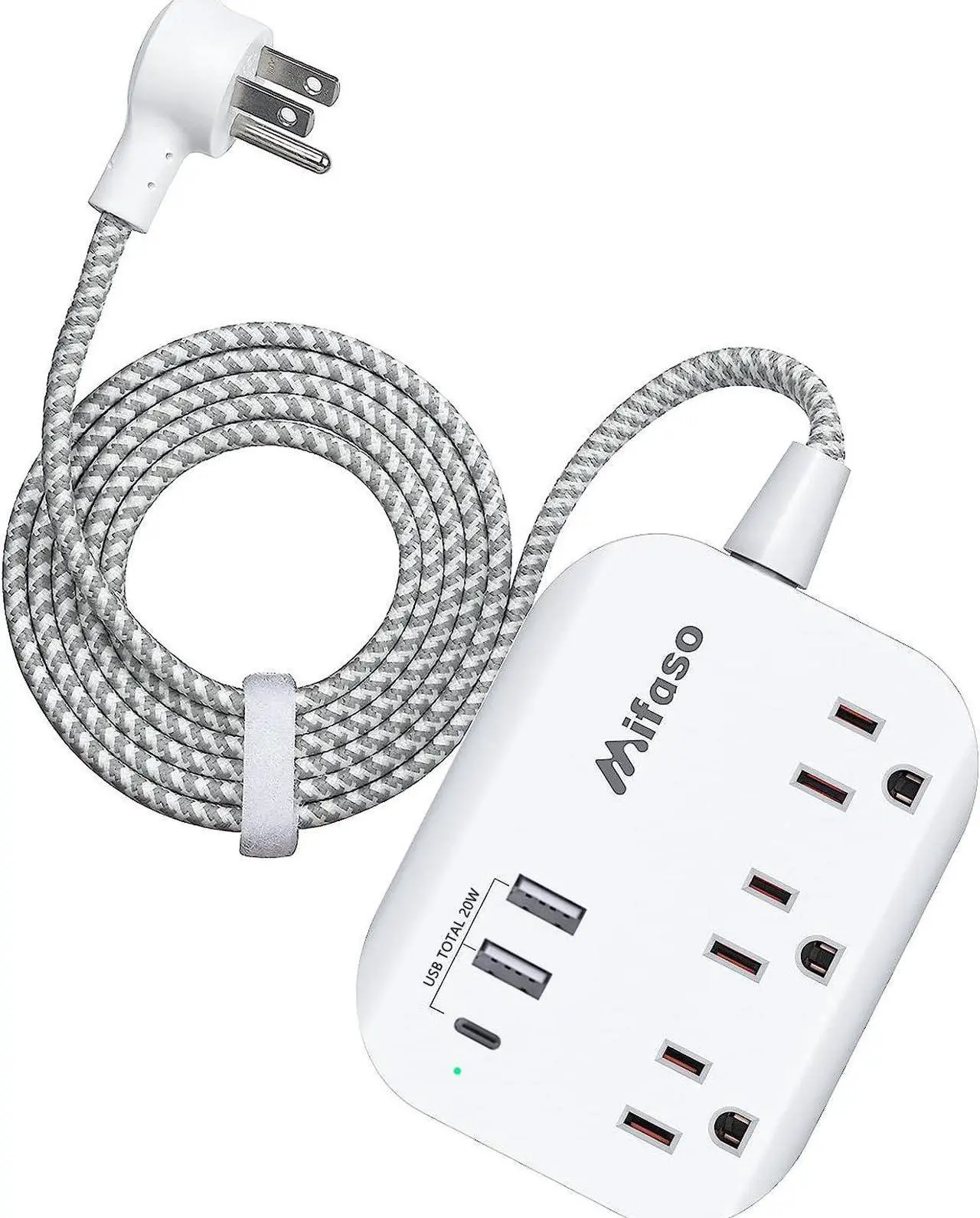 Main image of Mifaso Power Strip USB C Power Delivery 20W - Flat Plug with 3 Outlets 3 USB Ports(1), 5ft Braided Extension Cord, Compact for Cruise Ship, Travel, Home and Dorm