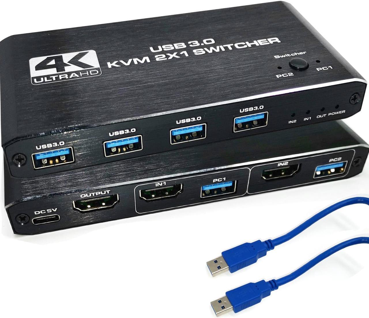 HDMI KVM Switch 4K@60HZ USB 3.0 Switch HDMI 2 in 1 Out KVM Switch Box Keyboard Mouse Printer Switcher,HDMI2.0 Ports + 4X USB KVM Ports,KVM Switch 2 Computers 1 Monitor with 2 USB Cables Support 4K@60H