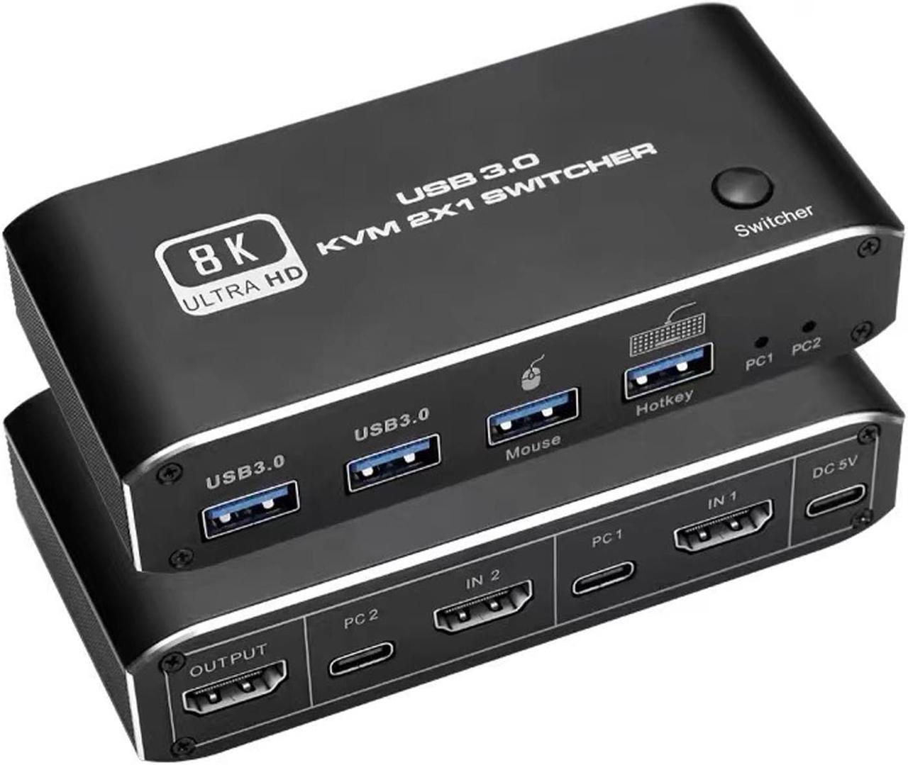 8K HDMI KVM Switch 8K USB KVM HDMI Switch 2x1 HDMI2.1 Ports + 4X USB3.0 KVM Ports,Share 2 Computers one Monitor Switch,Supports 8K 60Hz,4K 120Hz,YUV 4:4:4,HDCP 2.3,HDR 10,Hotkey,Darkish