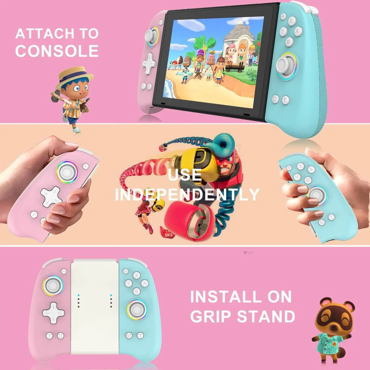 Alt view image 2 of 7 - Joypad Controller for Nintendo Switch,Wireless Joy Con Replacement Switch Controller 8 Color Adjustable RGB LED Joypad Controller with Color Light Wake-Up/Turbo/Dual Shock/Vibration/Glare Gamepad Pink
