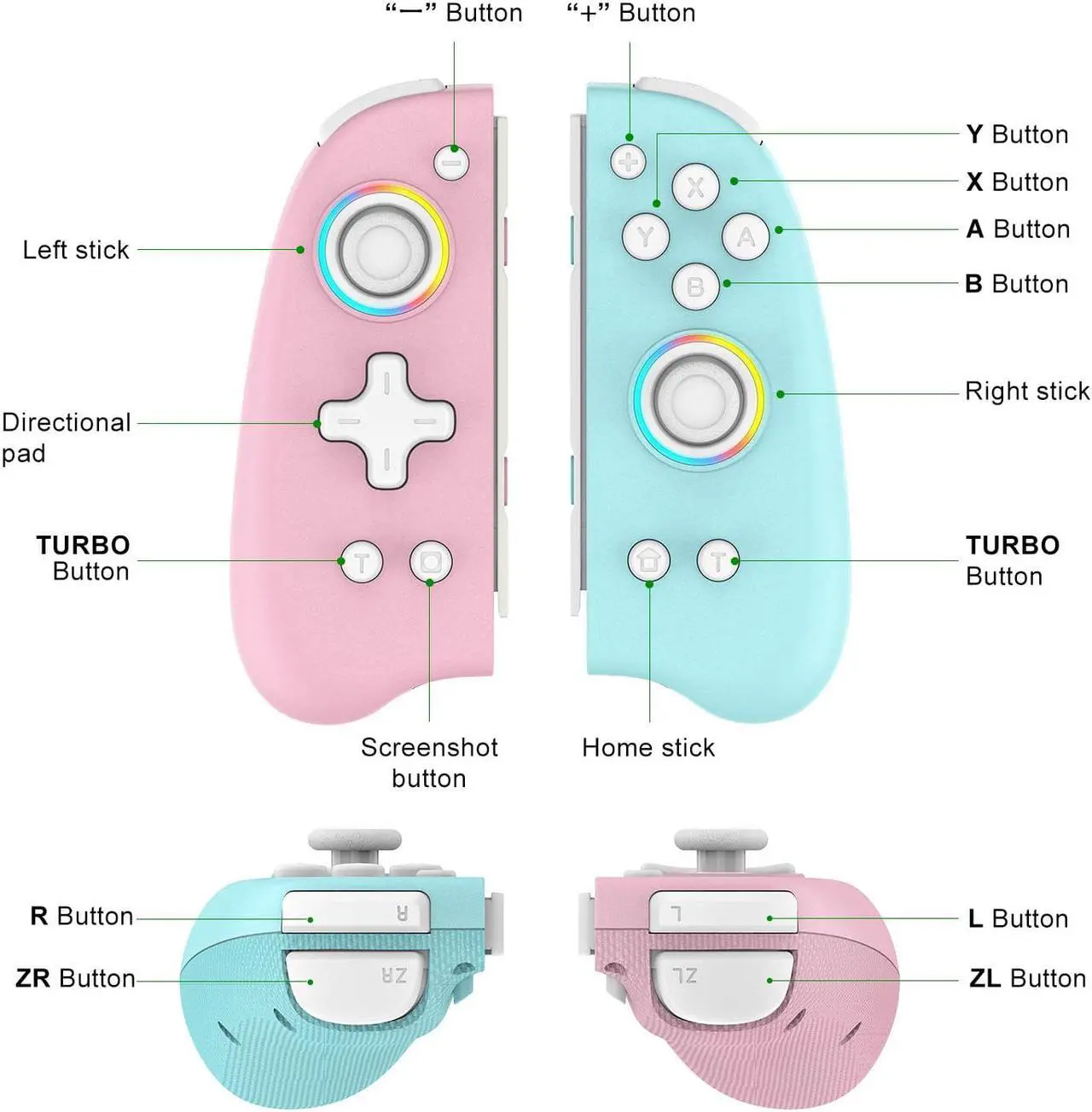 Alt view image 3 of 7 - Joypad Controller for Nintendo Switch,Wireless Joy Con Replacement Switch Controller 8 Color Adjustable RGB LED Joypad Controller with Color Light Wake-Up/Turbo/Dual Shock/Vibration/Glare Gamepad Pink