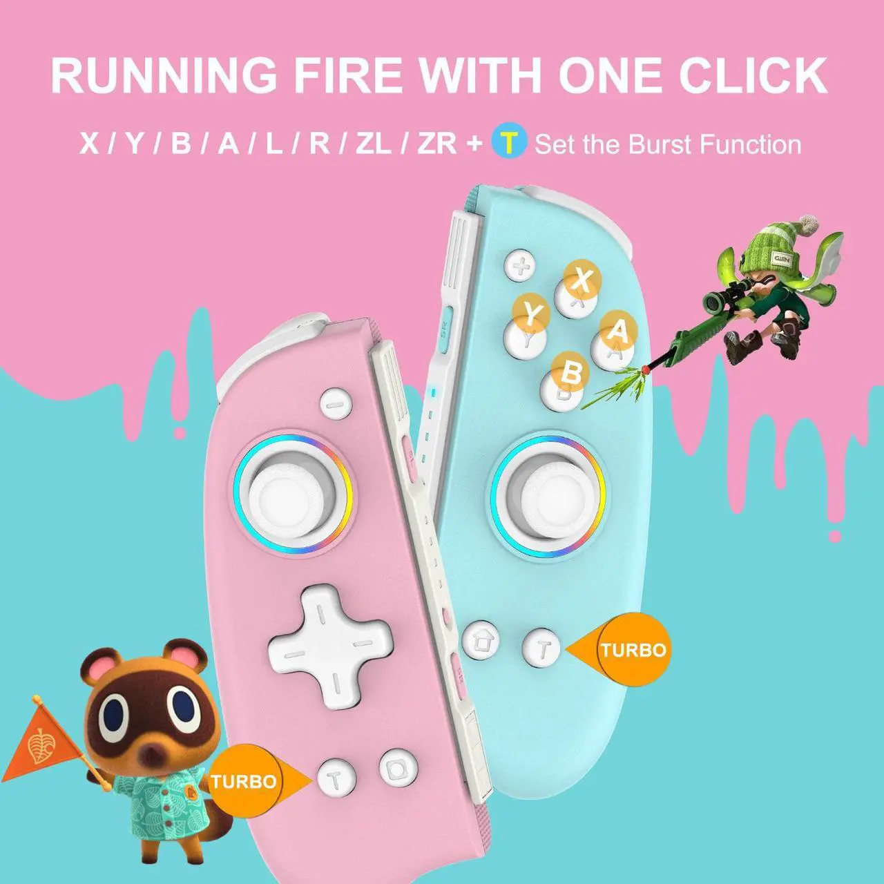 Alt view image 4 of 7 - Joypad Controller for Nintendo Switch,Wireless Joy Con Replacement Switch Controller 8 Color Adjustable RGB LED Joypad Controller with Color Light Wake-Up/Turbo/Dual Shock/Vibration/Glare Gamepad Pink