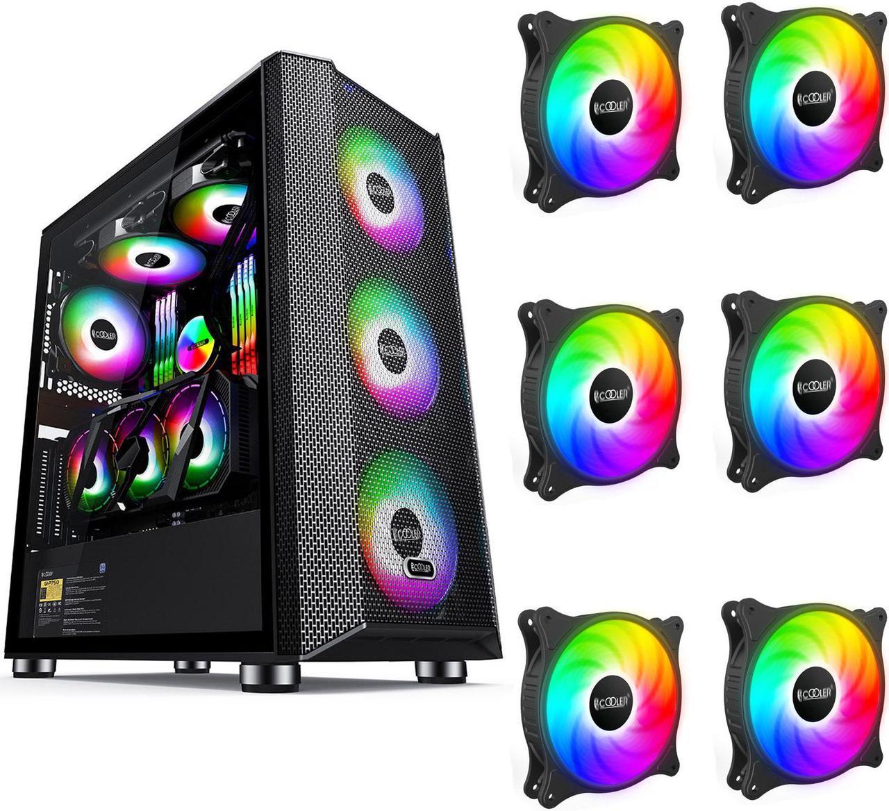 Computer Case Gaming PC Case ATX Mid-Tower Tempered Glass Side Panel Computer Chassis Desktop Case Support ATX,Micro-ATX,ITX,Pre-Installed 6 PCS 120mm SRGB Fans,Front Side Mesh Intakes,7+3 Expansion